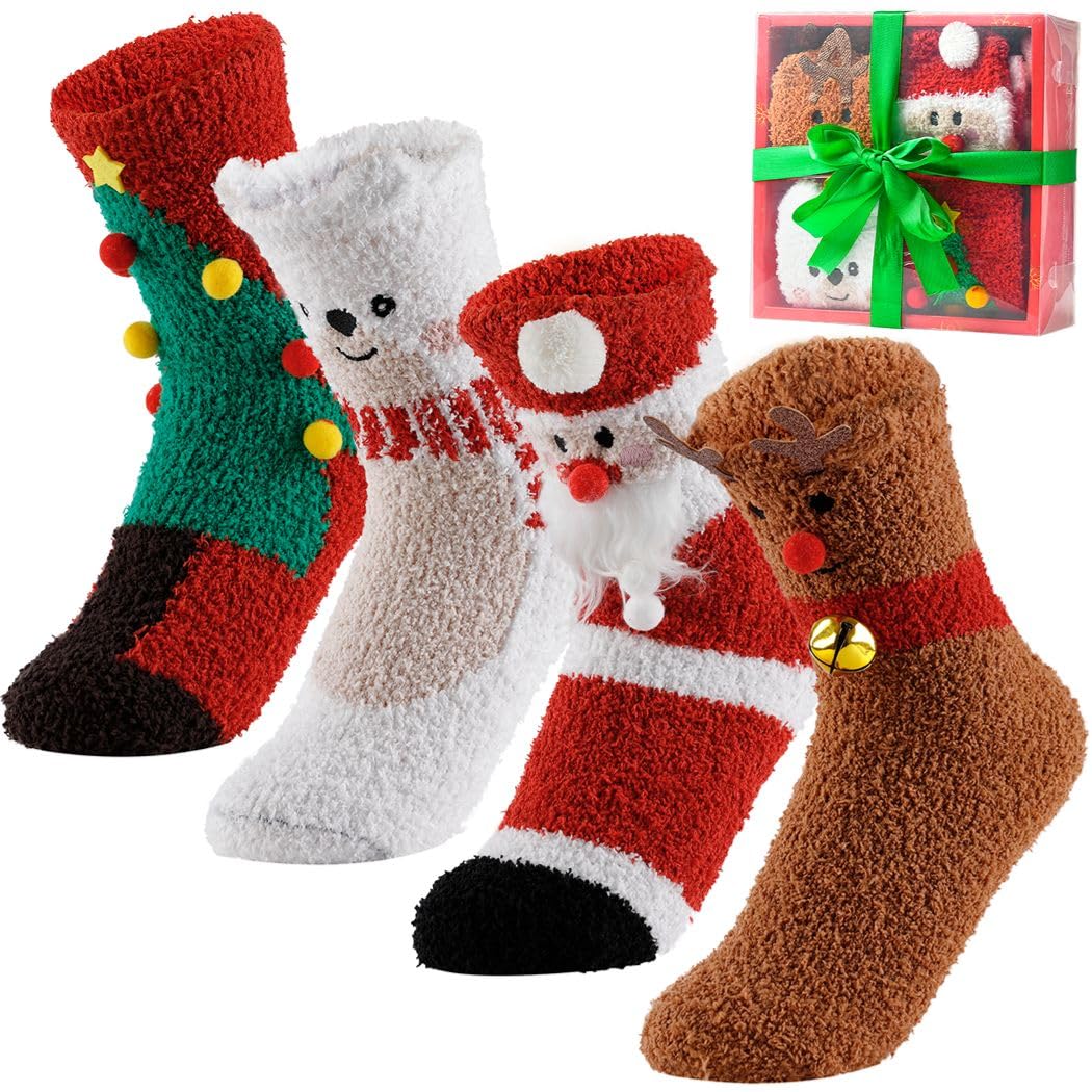 Chaussettes de Noël pour femme, lot de 4 paires, chaussettes d’intérieur à semelles adhérentes, chaudes et duveteuses, motifs festifs