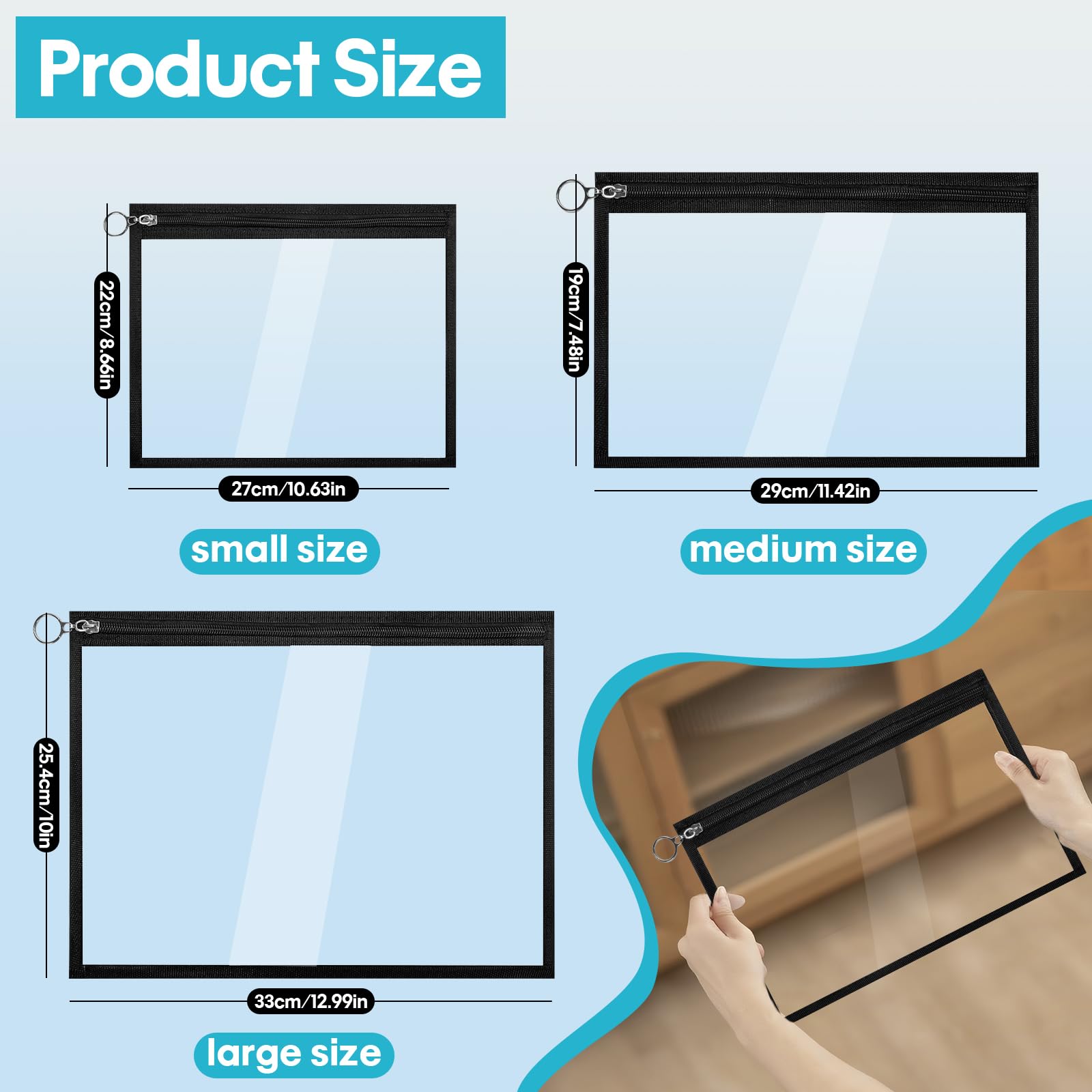 Pochettes transparentes à fermeture éclair pour organiser | Enveloppes de maquillage en PVC durable pour le rangement de documents, les voyages et les fournitures scolaires (3 tailles)
