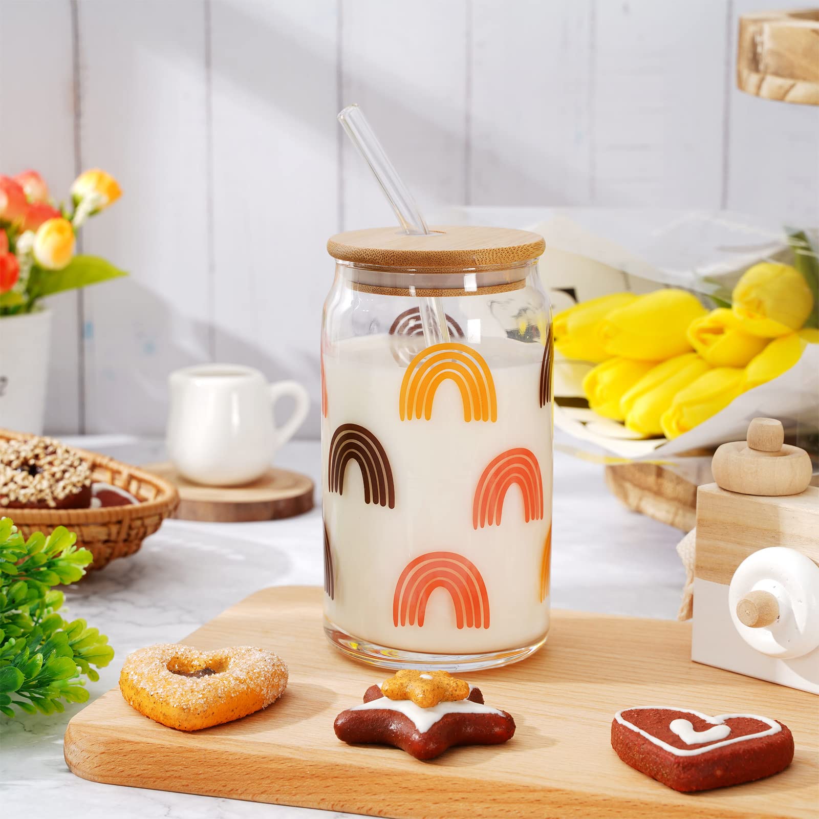Whaline 4 tazas de café helado bohemias con tapas de bambú y popotes, vasos retro de 16 onzas, vasos de beber con forma de lata de cerveza con cara de arco iris, taza de vidrio con forma de lata de