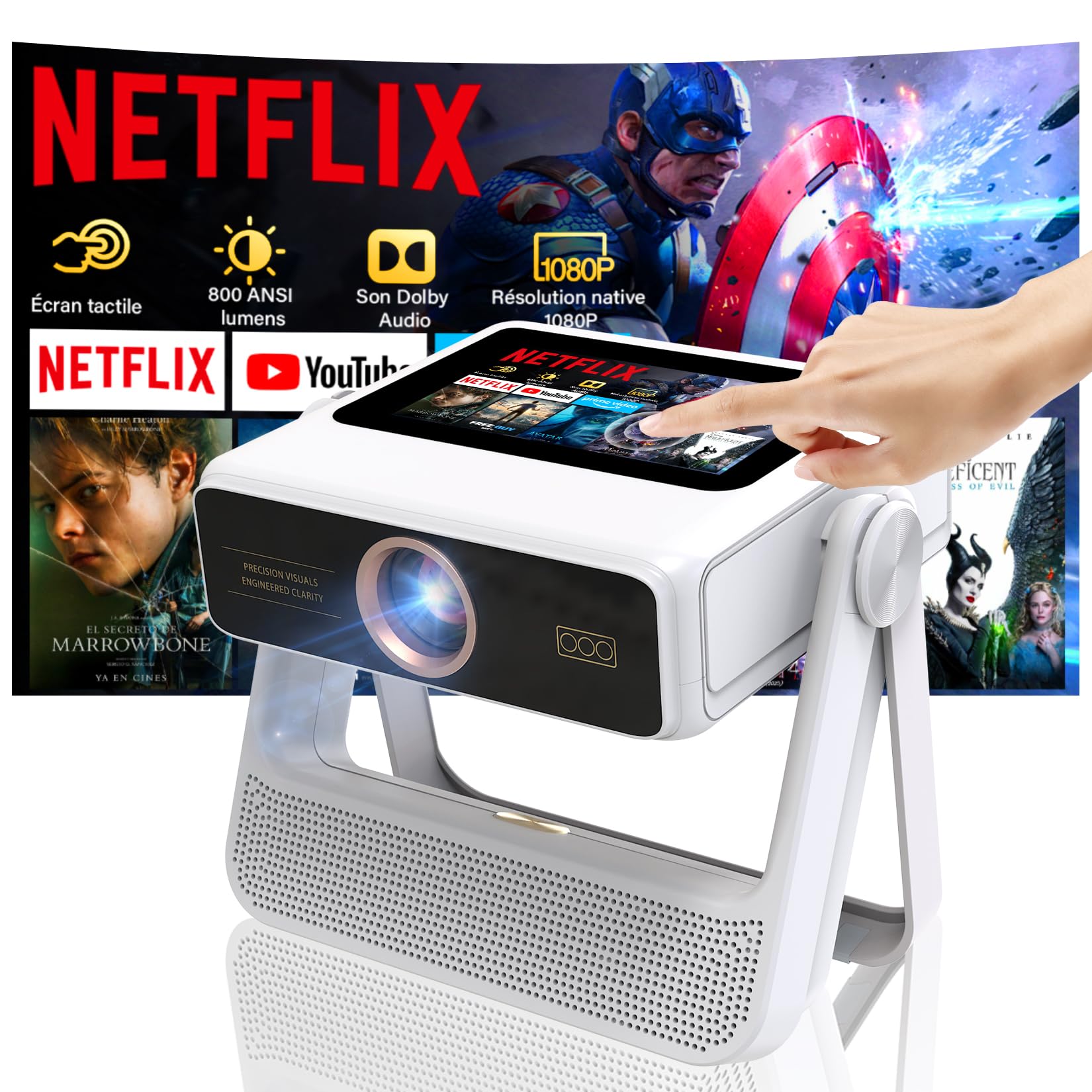 Mini proiettore Smart con supporto 4K con touchscreen, messa a fuoco automatica e correzione trapezoidale, WiFi 6 Bluetooth HDR10+, 1000+ app, doppio display