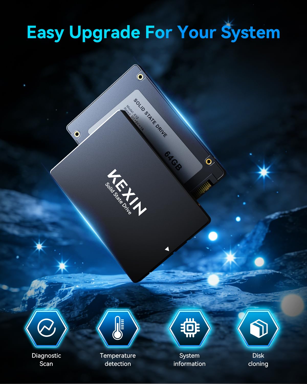 KEXIN SSD Interno SATA III de 2,5 Pulgadas, 64 GB: hasta 280 MB/s de Lectura y 250 MB/s de Escritura, SSD de Alta Velocidad para portátiles y PC de sobremesa