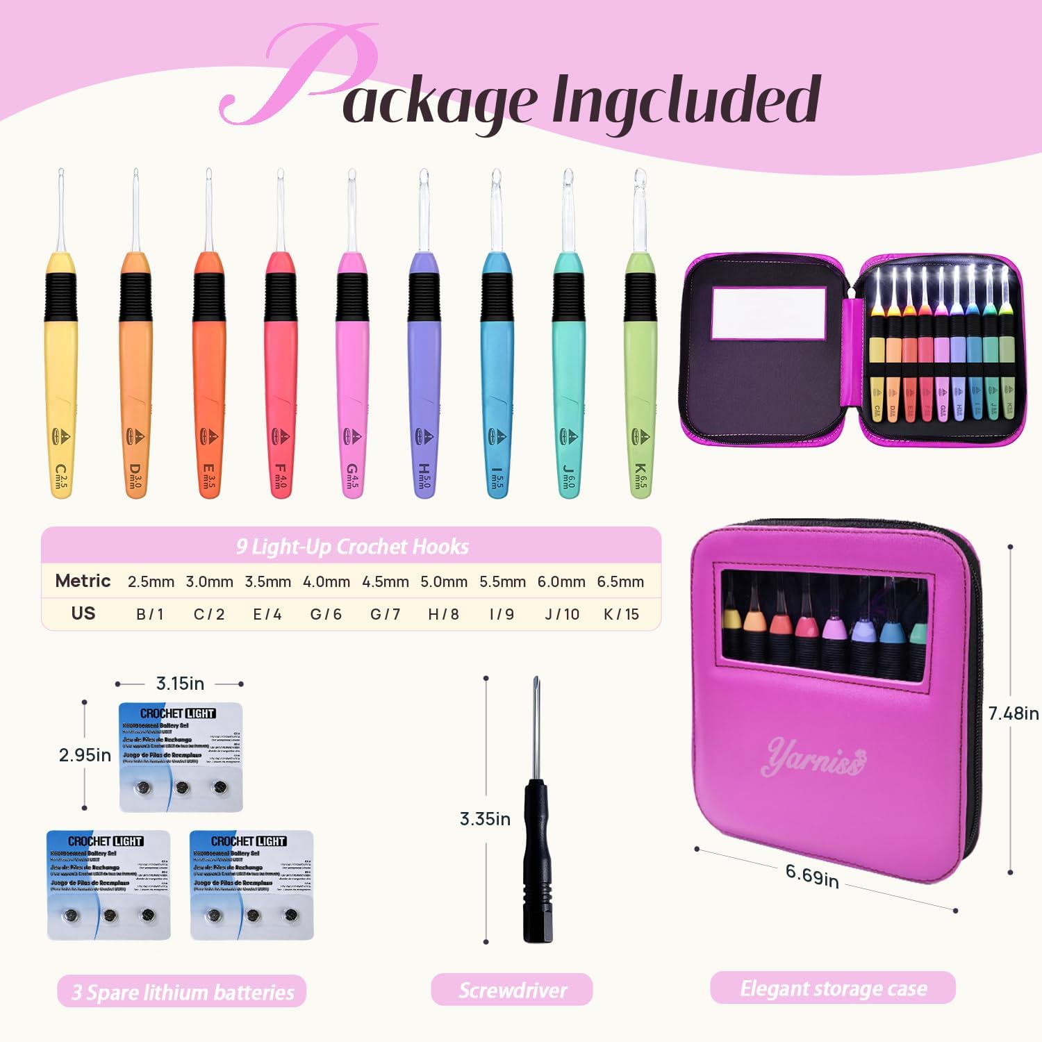 Yarniss Led Light Crochet Hooks Set with Case,9 Size Light Up Crochet Hooks 2.5mm~6.5mm Include Battery，Ergonomic Glow in Dark Handles