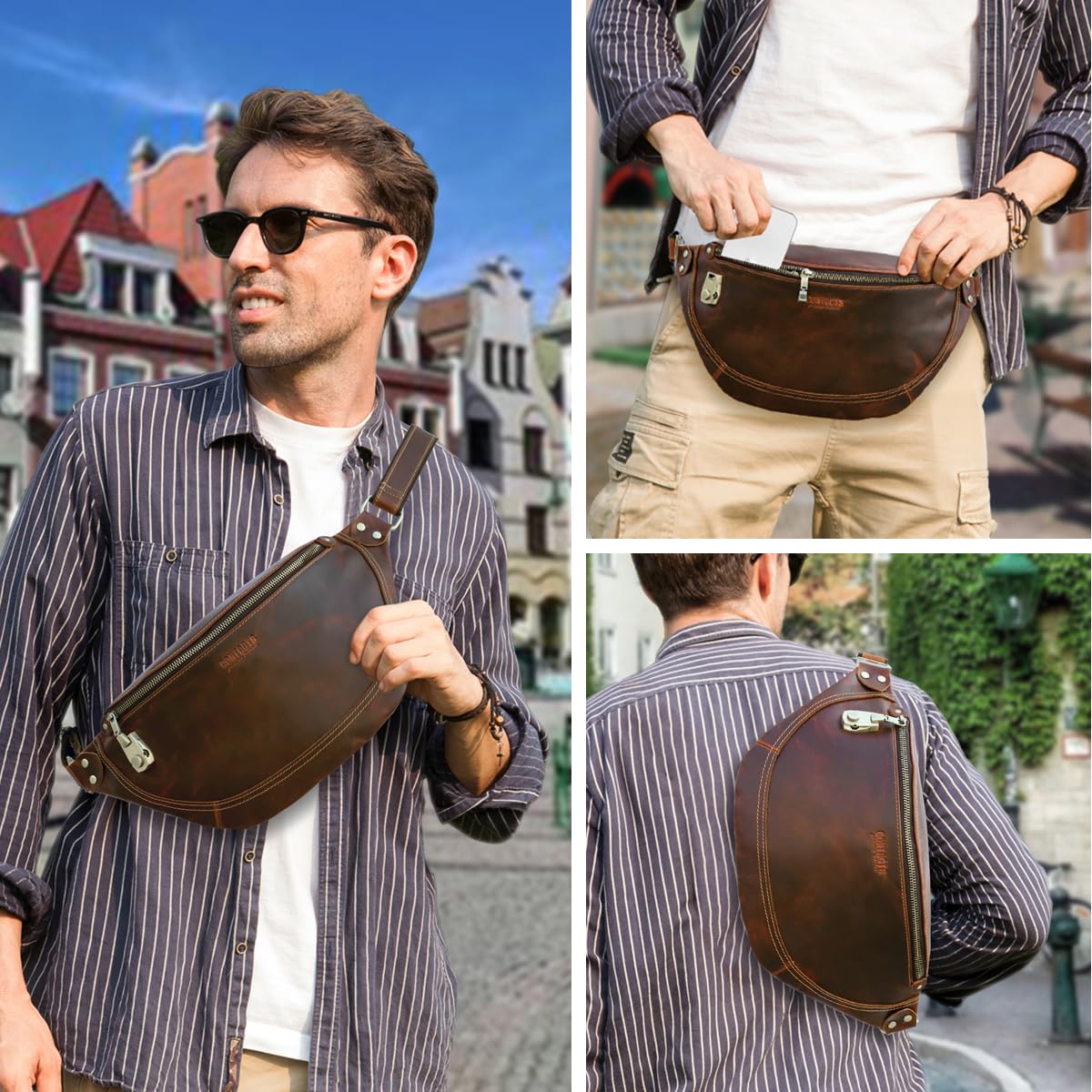 Contacts Bolso bandolera de piel auténtica para hombre, bolso cruzado pequeño para hombre, casual, riñonera, para ciclismo, senderismo, viajes, Coffee3.0, 30 cm x 9 cm x 17 cm