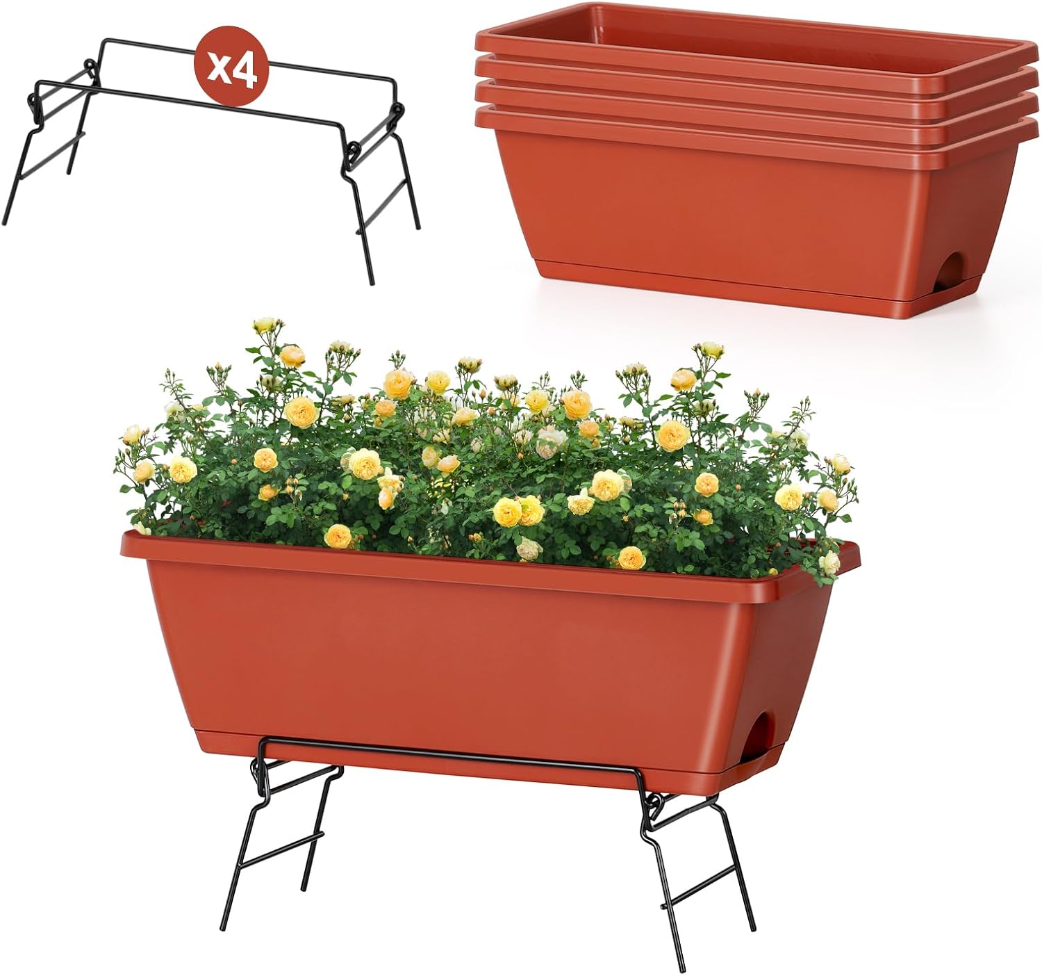 4 Pack 17 Inch Window Boxes Planters with Plant Stand, Flower Window Box with