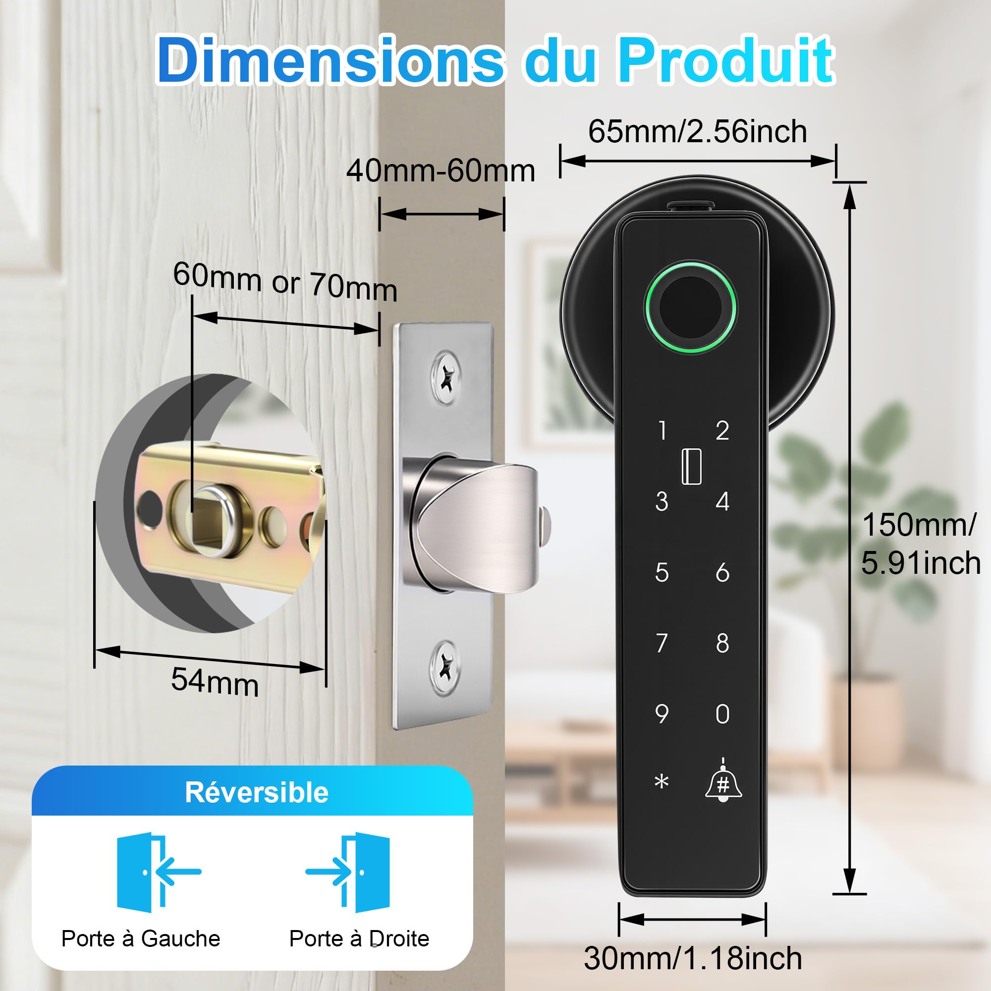 Serrure Connectée, Serrure Porte Biométrique Intelligente, Utilisable avec Empreinte Digitale, Code, Carte à Puce, App et Clé, Système de Sécurité d'Entrée Électronique, Noir