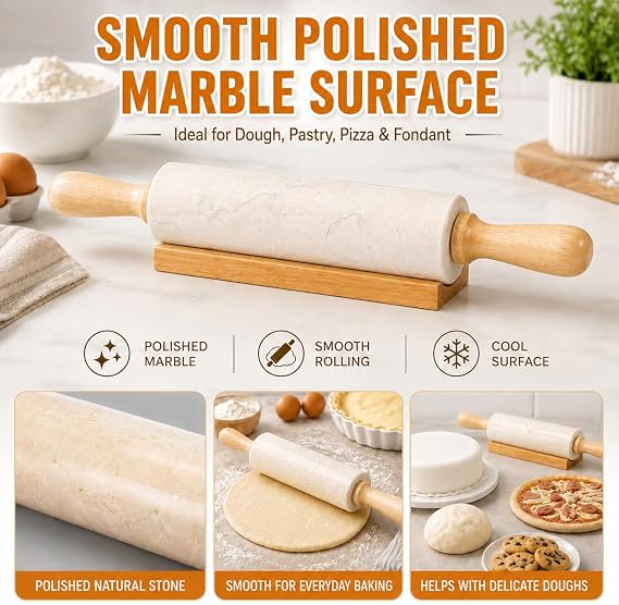 Creative Home 18 Marble Rolling Pin with Wooden Handles & Cradle - Stays Cool Naturally, Durable Stone for Even Rolling Control, Secure Easy Grip for Baking Pastry, Pizza, Cookies