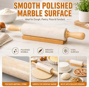 Creative Home 18 Marble Rolling Pin with Wooden Handles & Cradle - Stays Cool Naturally, Durable Stone for Even Rolling Control, Secure Easy Grip for Baking Pastry, Pizza, Cookies