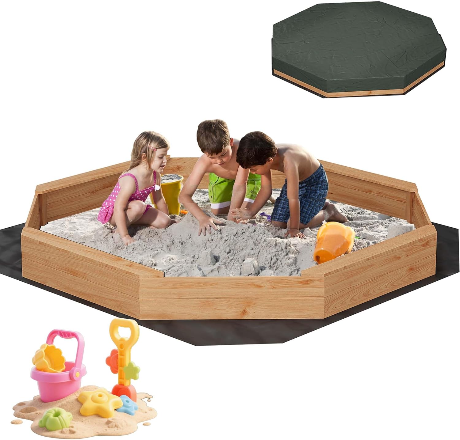 82" Extra Large Wooden Octagon Sandbox with Cover and 4 Bench Seats, Outdoor Kids Sand Pit with Bottom Liner, Fits 6-8 Children, Solid Fir Wood Sandpit for Backyard, Patio, Ages 3-8