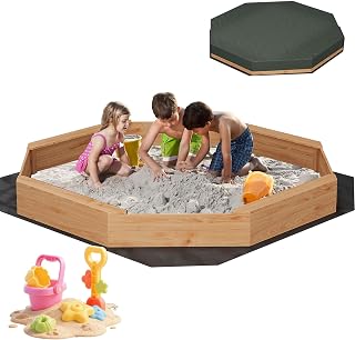 Wooden Octagon Sandbox with Cover, Outdoor Sand Box with 4 Bench Seats, Nylon Cover, Bottom Liner, Large Sandpit for Ages 3-8, Spacious Kids Sand Pit for Beach, Patio, Backyard(82x82in)