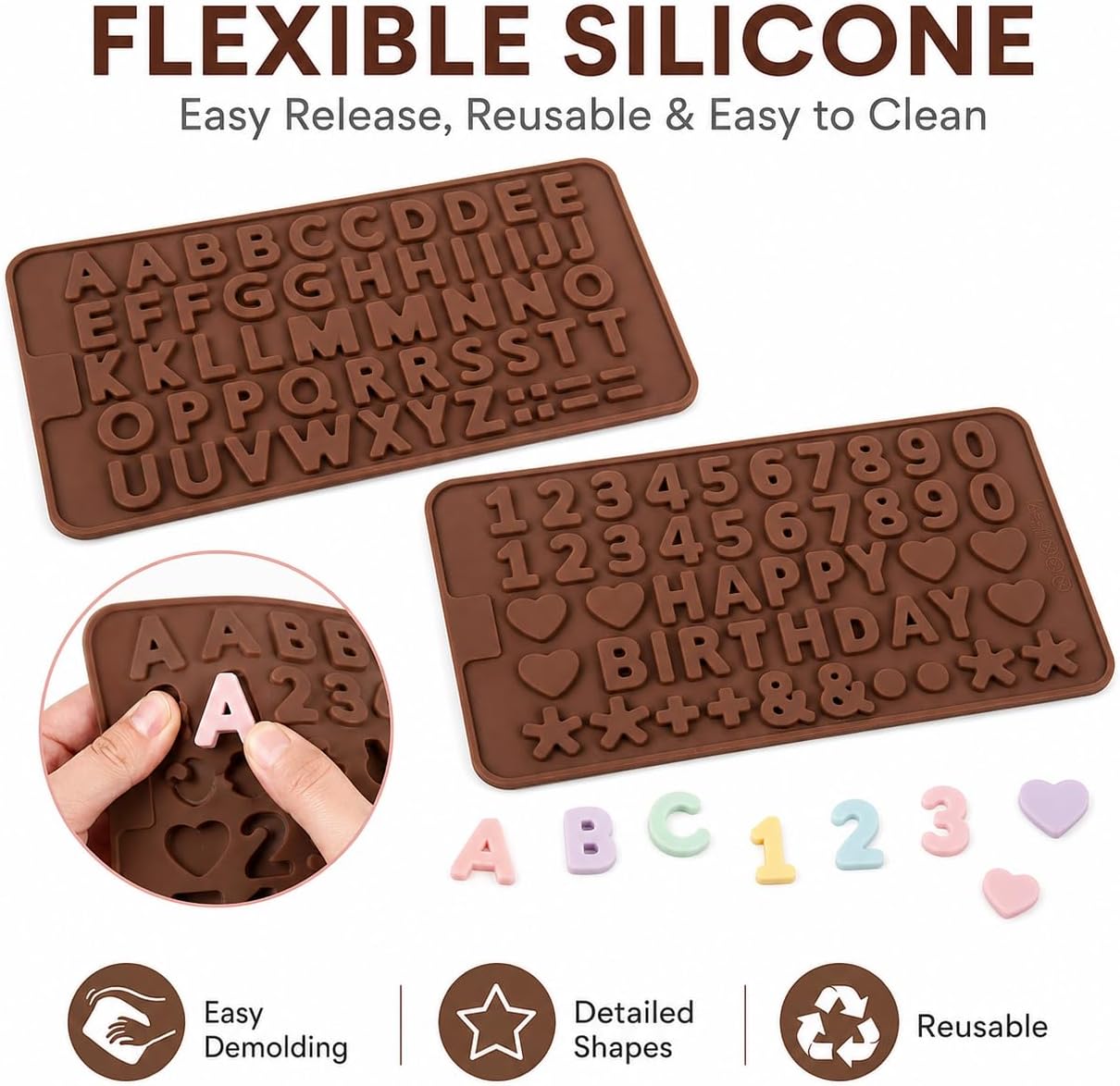 2 Pack Food Grade Silicone Letter and Number Molds, Alphabet Chocolate Fondant Mold with Happy Birthday, Mini Hearts and Symbols for Cake Decorating, Resin, Candy and Gummies