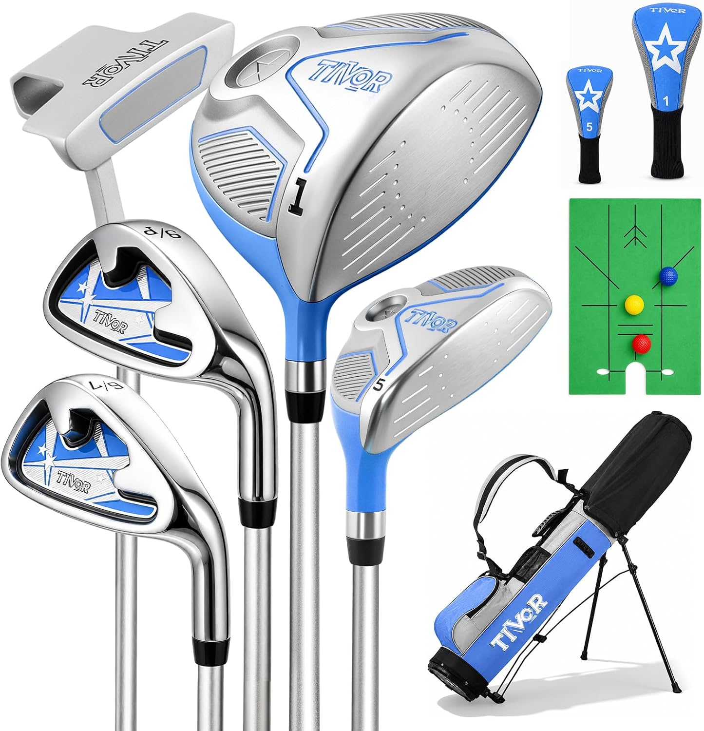 Kids Golf Clubs Set for Ages 9-12,Right Left Handed Youth Golf Clubs Set with 400cc Driver, Hybrid, 7 Iron, 9 Iron, Wedge, Putter, Stand Bag & 2 Headcovers,Junior Golf Clubs,Blue Yellow Pink
