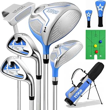 Kids Golf Clubs Set for Ages 9-12,Right Left Handed 9 Piece Set with 400cc Driver,Hybrid,7 Iron,9 Iron,Putter,Stand Bag & Practice Mat,Junior Youth Golf Clubs for Height 4'4"-4'10",Pink Blue