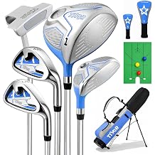 Kids Golf Clubs Set for Ages 9-12,Right Left Handed 9 Piece Set with 400cc Driver,Hybrid,7 Iron,9 Iron,Putter,Stand Bag & Practice Mat,Junior Youth Golf Clubs for Height 4'4"-4'10",Pink Blue