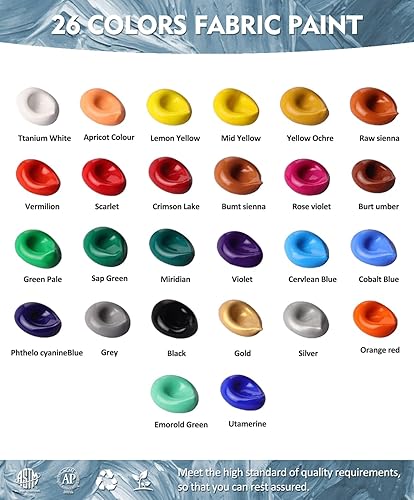 Miniatura 2 de Colorful Juego de pintura de tela con 6 pinceles, 1 paleta, 26 colores, impermeable, kit de pintura textil permanente para adultos a artes en ropa