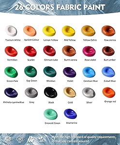 Colorful Fabric Paint Set for Clothes, with 6 Brushes,1 Palette, 26 Colors Permanent Child Safe & Non- Toxic Fabric Paint Kit for T-Shirt, Bags and Cloth Shoes