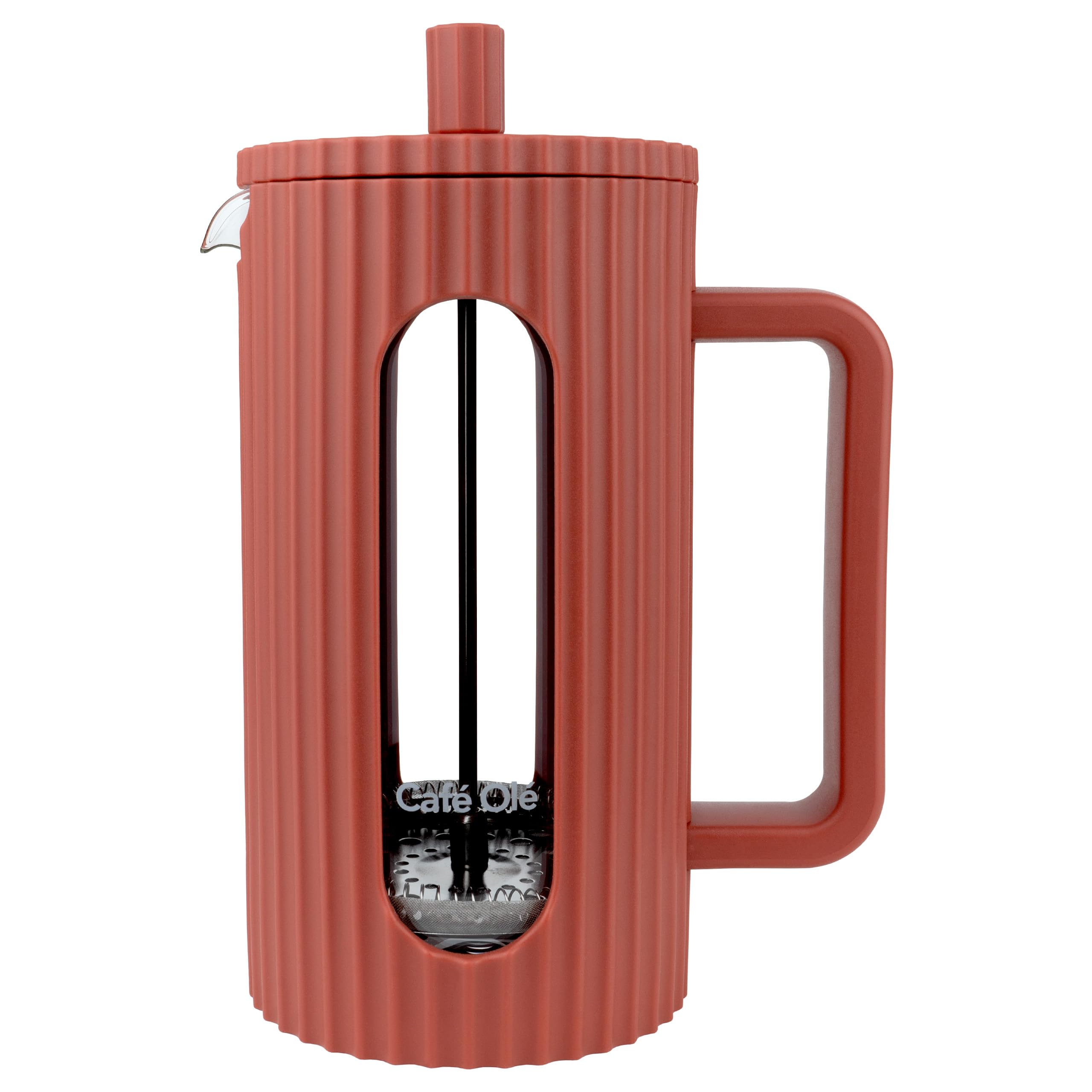 Café Olé Ciao 8 Cup Cafetière, Stainless Steel Gauze, French Press, Pastel Red