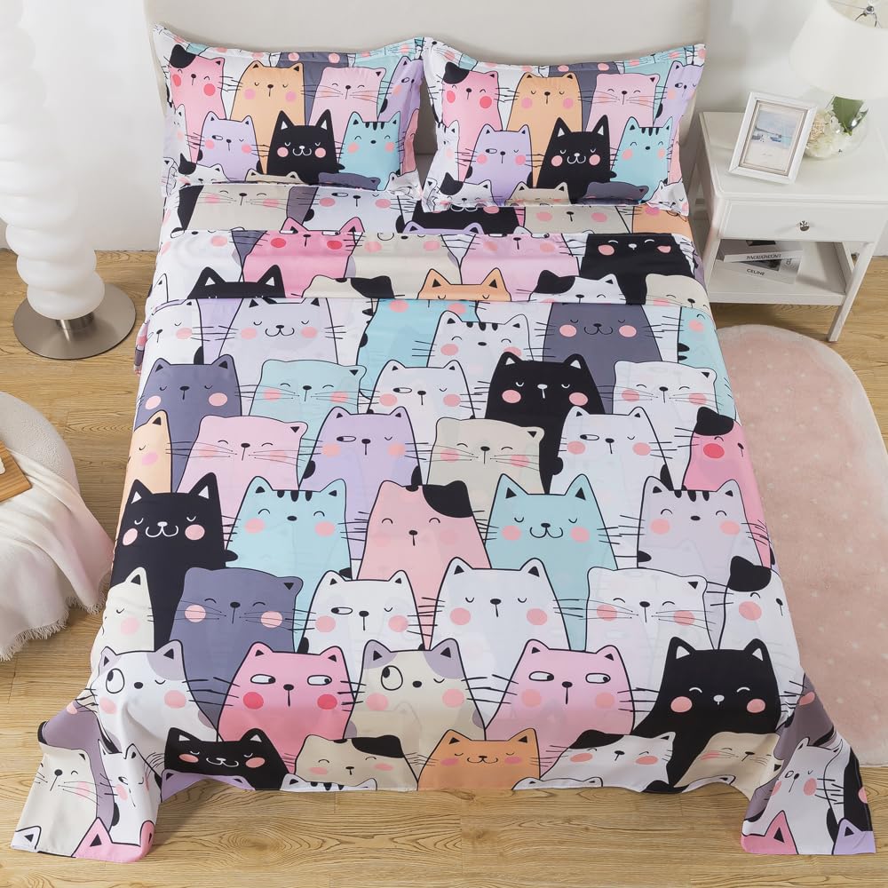 ADASMILE A & S Kids Cat Sheets Full Size for Girls Kawaii Cat Bedding Set