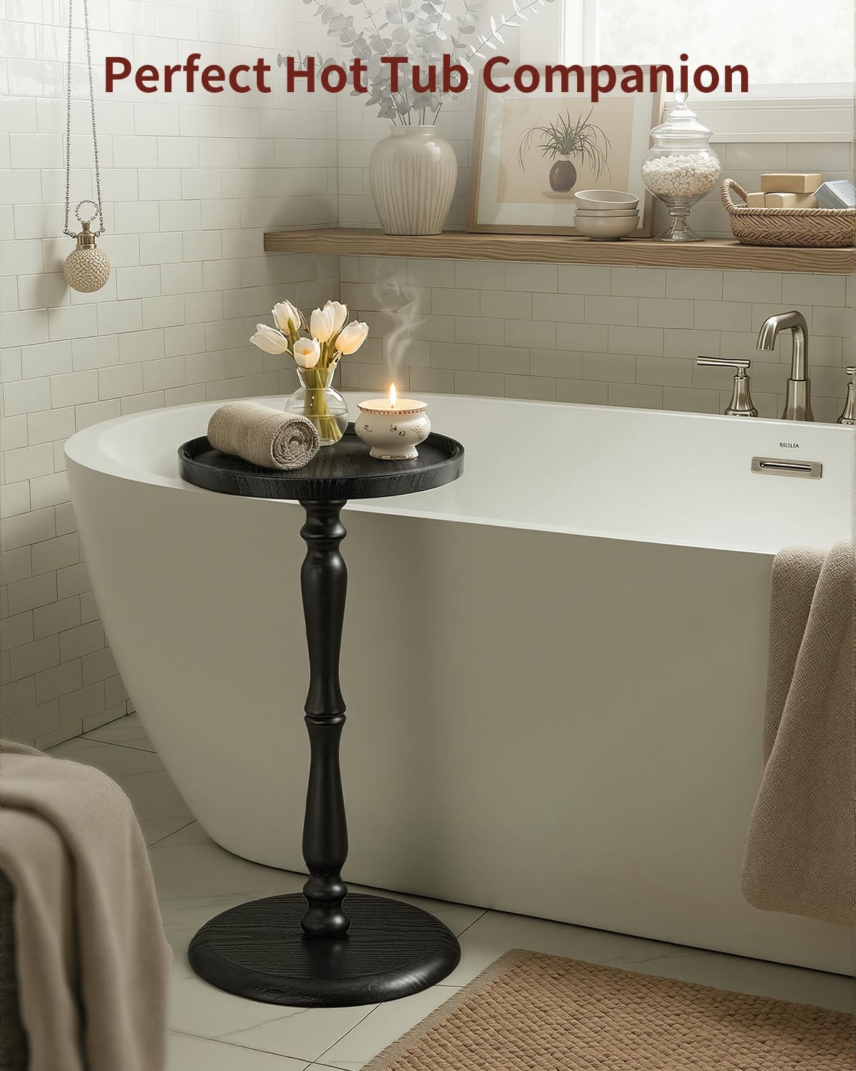 Relefree Solid Wood Small Drink Table,Round Side Table with Thickened & Widened Pedestal Base,Martini Table with Waterproof Edge,12.6" Modern Tray Top End Table for Small Spaces,Living Room,Corners