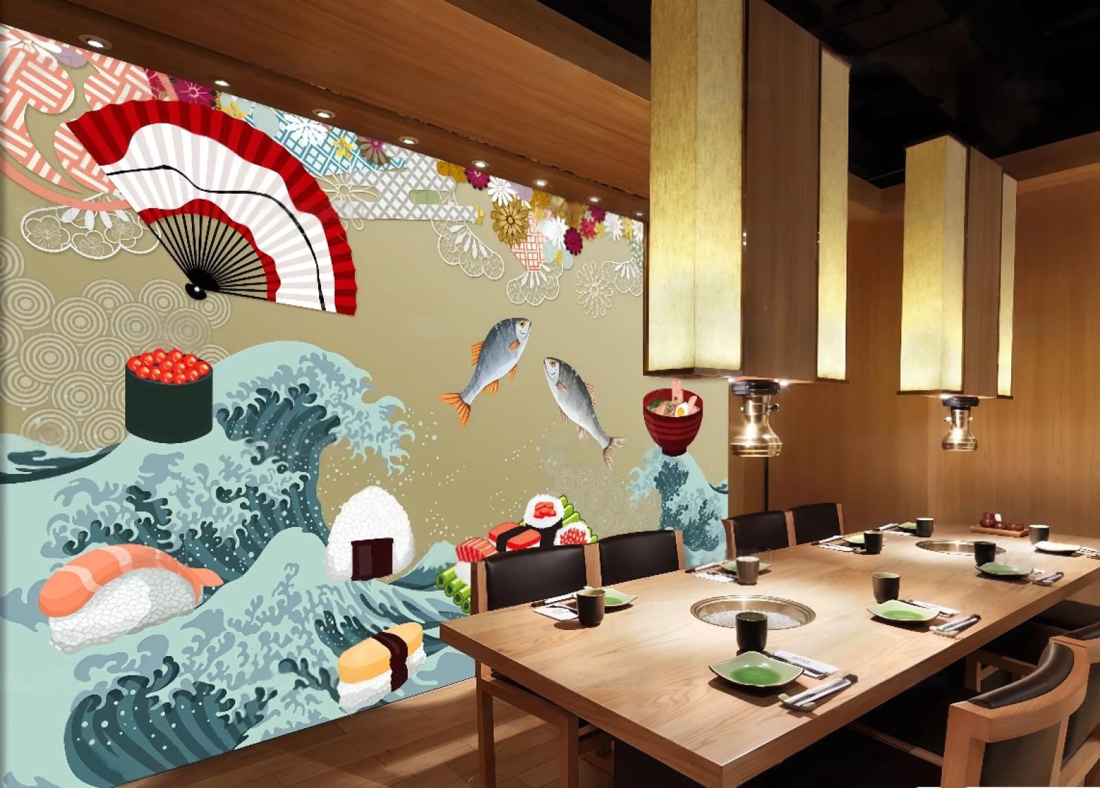 XDOUBAO Wallpaper Hand-Painted Sea Delicious Sushi Cuisine Seafood Catering Theme Afternoon Tea Western Restaurant Background Wall Wallpaper Coffee Shop Mural,3D,300x210cm