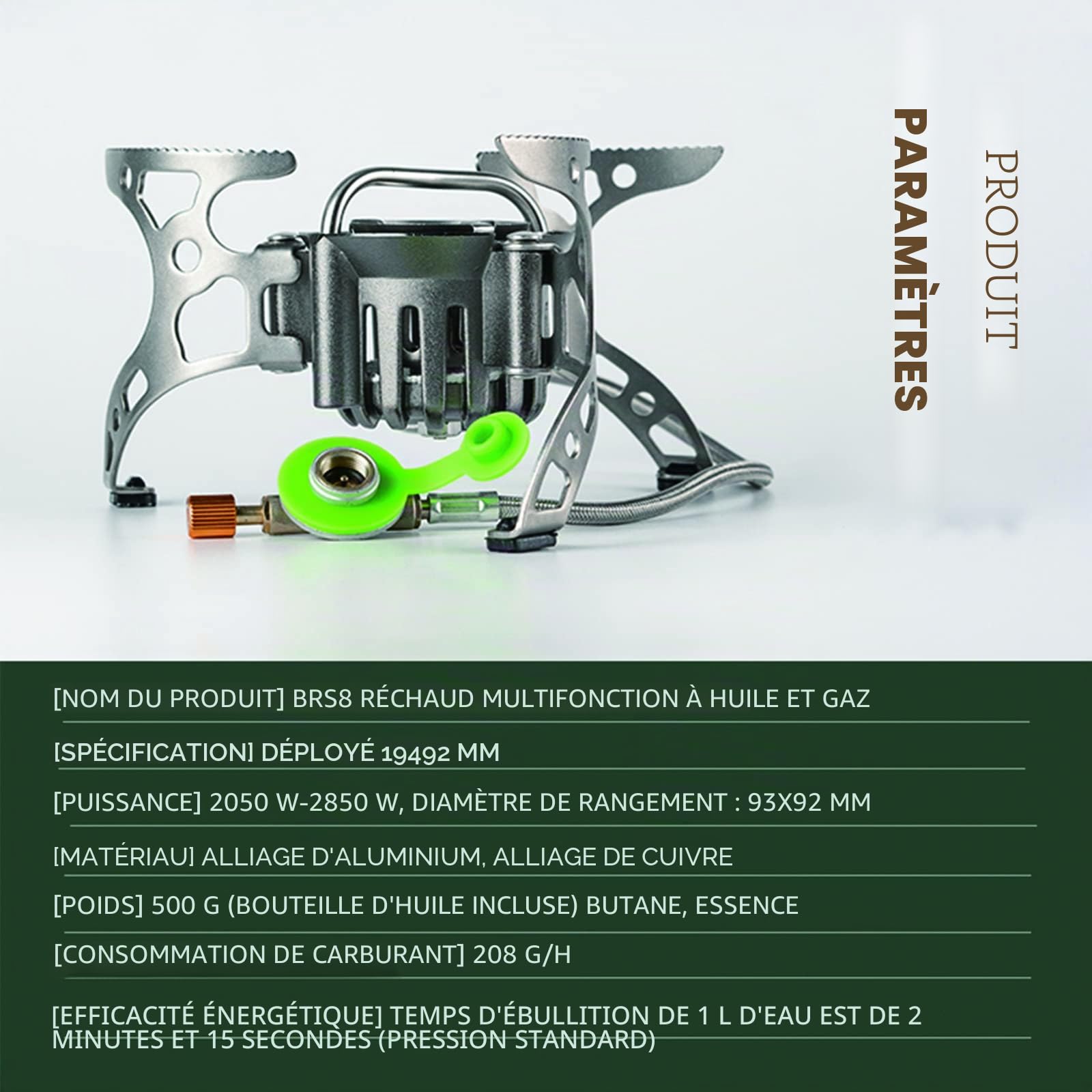 BRS-8 Cuisinière d'extérieur multi-combustibles – Réchaud à kérosène portable avec brûleurs à gaz pliables pour camping et pique-nique