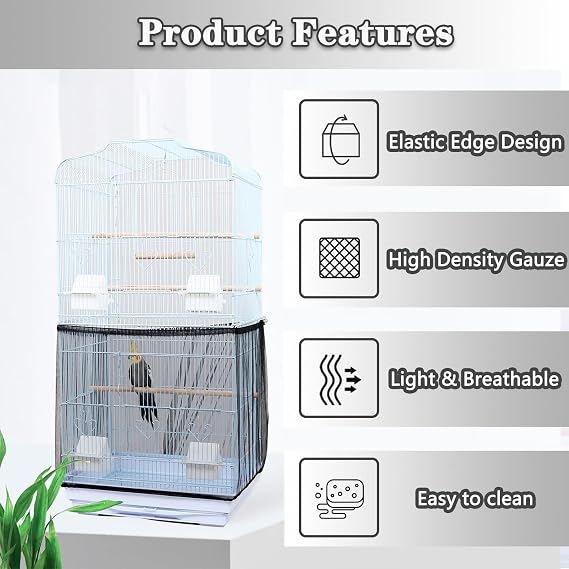 Bird Cage Seed Catcher - Adjustable Netting Cover Guard Skirt for Parrot Parakeet Macaw Round Square Cages - Black