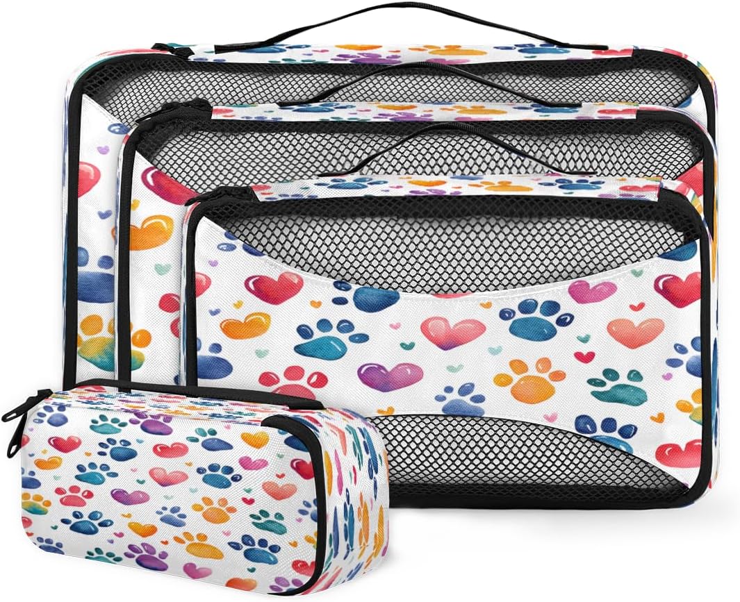 Watercolor Dog Paw 4 Set Packing Cubes Packing Cubes for Women Lightweight Travel Essential Bag Clothes Carry on Suitcase Bags for Accessories Essentials