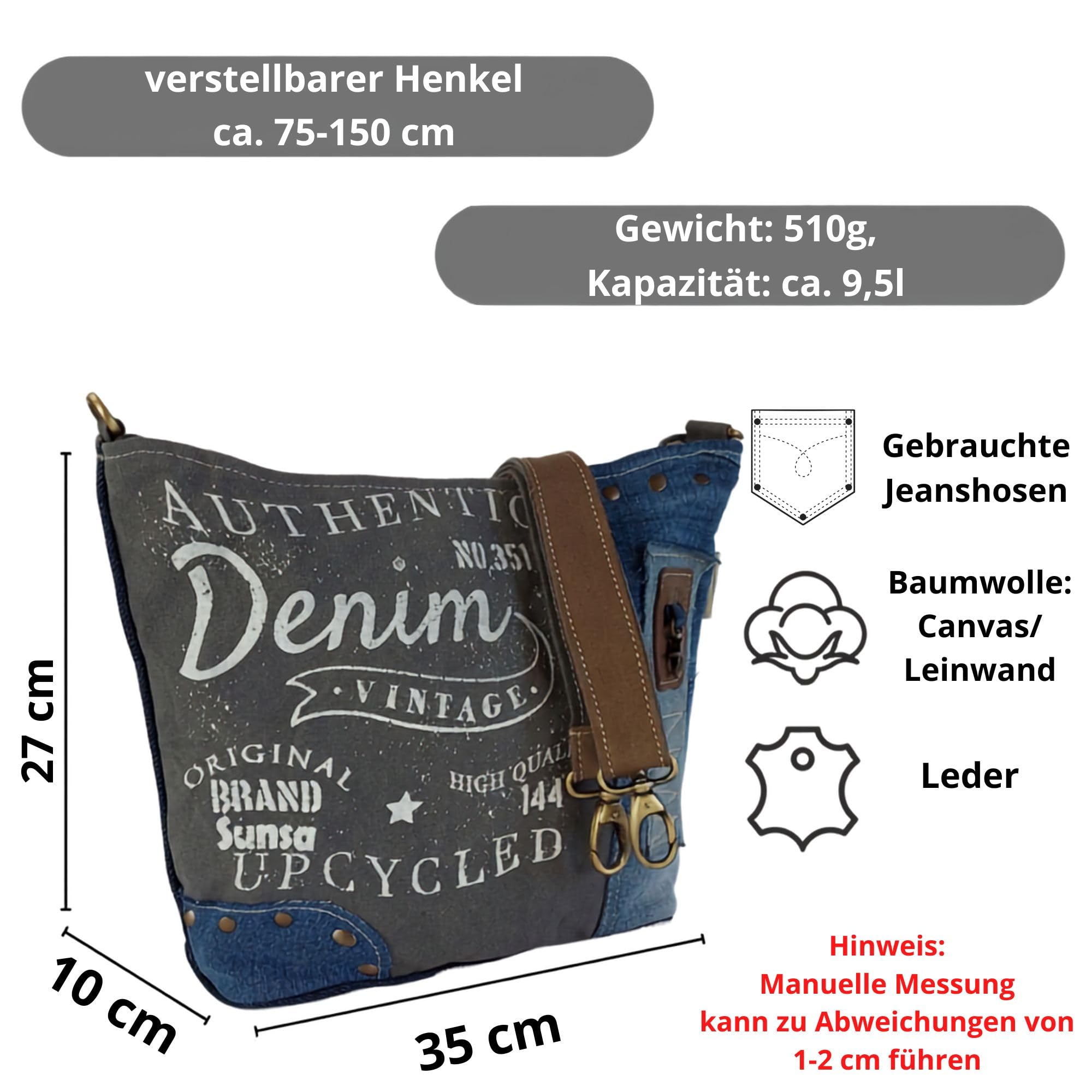 Sunsa Damen Umhängetasche Tasche aus recycelten Jeans Canvas & Leder, Nachhaltige Jeanstasche. Damentasche in Retro/Vintage Design