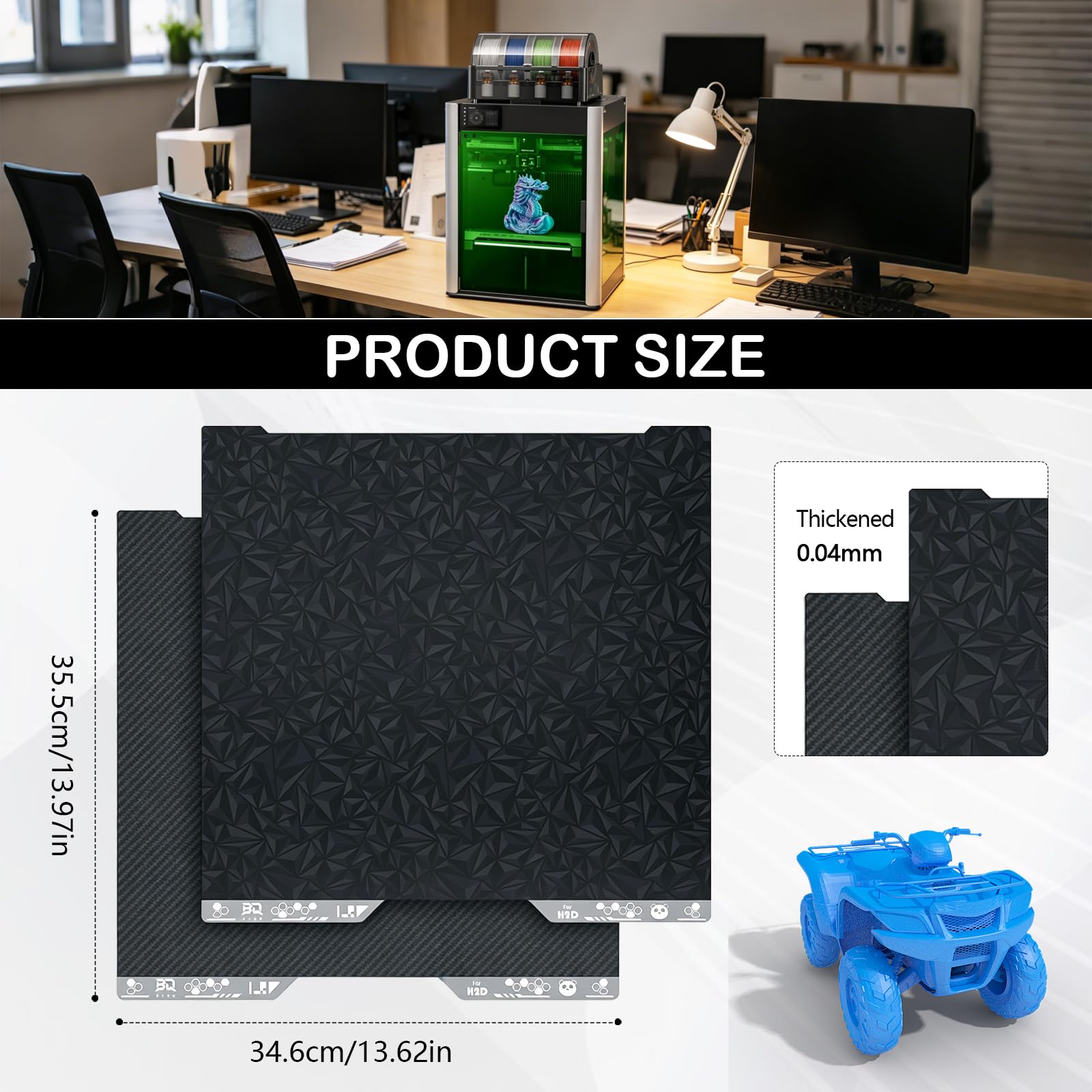 Plataforma de Impresión para Bambulab H2D H2S, PET (Carbono) + PEO (Diamante) Build Plate 355 x 346 mm, Acero para Resortes de Impresión 3D de Doble Cara para Bambu Lab H2D/H2S Textured Print Plate