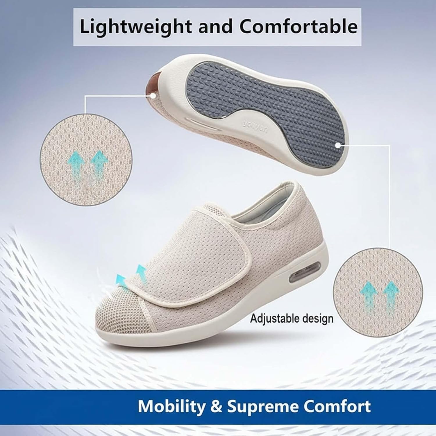 Lightweight Diabetic Shoes for Elderly, Adjustable Closure Walking Sneakers, Wide Width Edema Footwear, Breathable Comfort Shoes for Swollen Feet and Foot Care