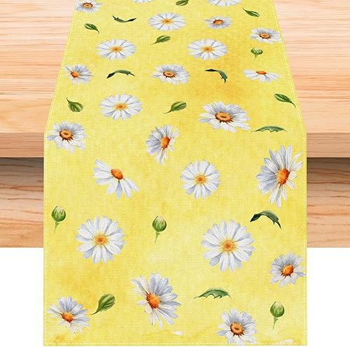 Jiudungs Camino de mesa de lino con margaritas de acuarela 72 pulgadas de largo primavera verano otoño Pascua flores florales para el hogar cocina