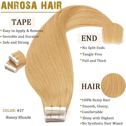 Miniatura 2 de Anrosa Extensiones adhesivas de cabello humano Remi Remi, extensiones de cabello humano real Remy, 1.76 onzas, 20 unidades, 20 unidades, 20