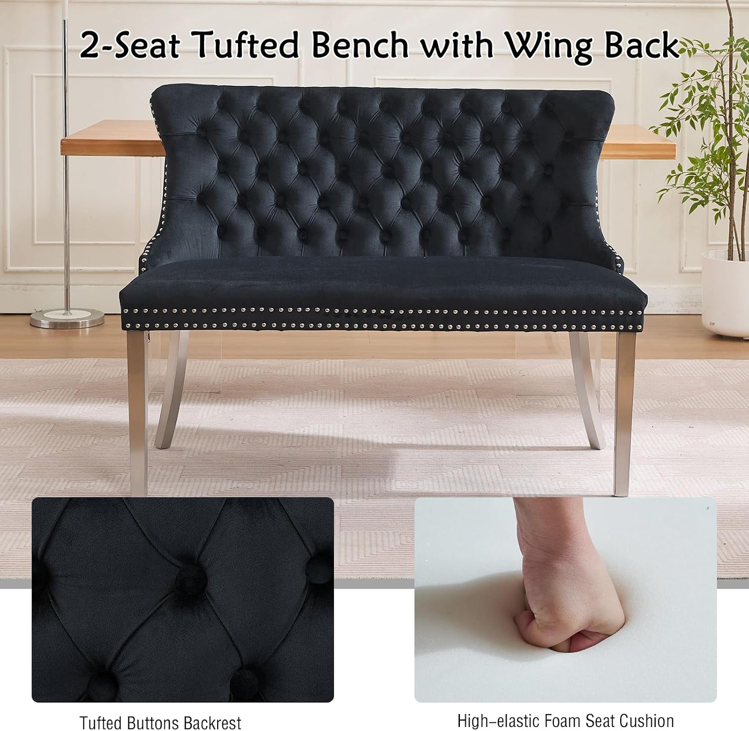 Henf Modern Tufted Velvet Dining Bench with Wing Back, 2-Seat, Nailhead Trim, Sturdy Stainless Steel Legs, Entryway Bench Small Upholstered Loveseat Sofa, 45.6''W x 22.7''D x 35.2''H (Black&Silver)