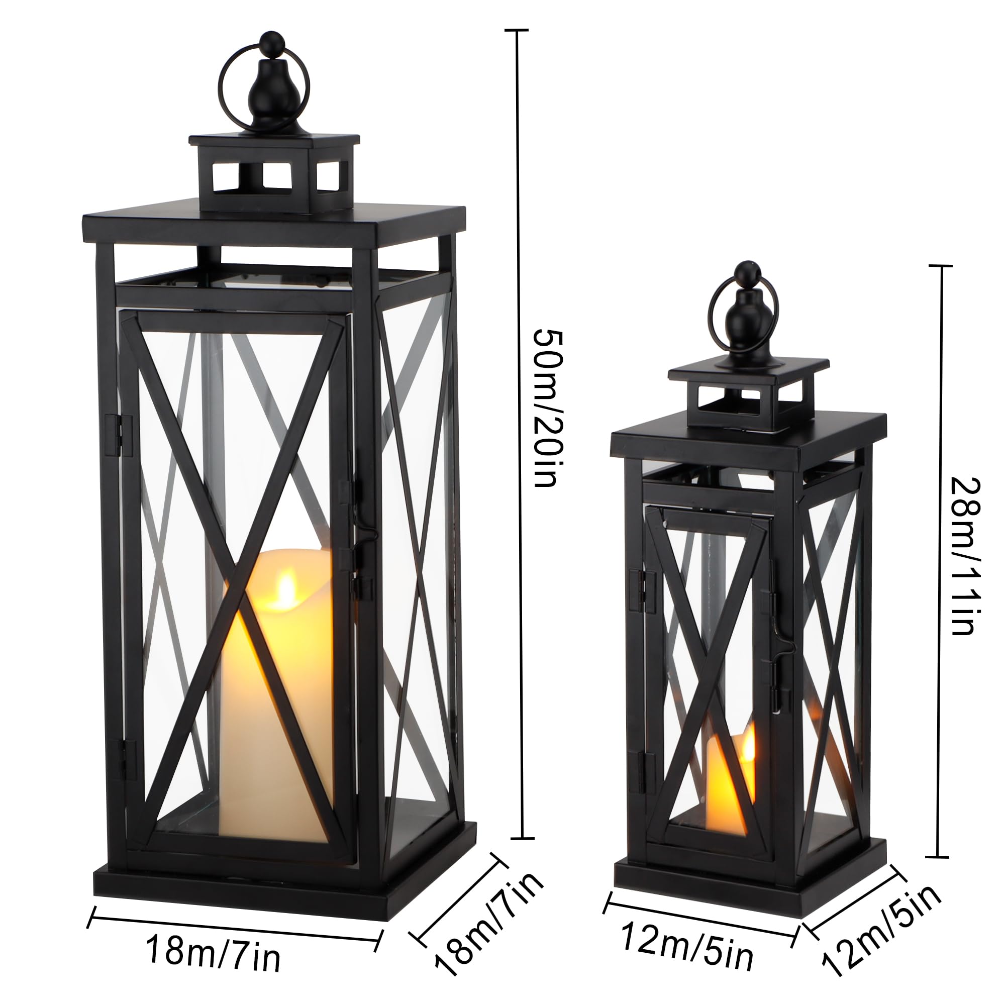 TRIROCKS Zestaw 2 diakoracyjnych lampionów na świece, 50 cm i 28 cm, wysoki metalowy świecznik, wiszące lampiony ze szkła hartowanego, idealne do użytku wewnątrz i na zewnątrz, dekoracja domu, imprezy