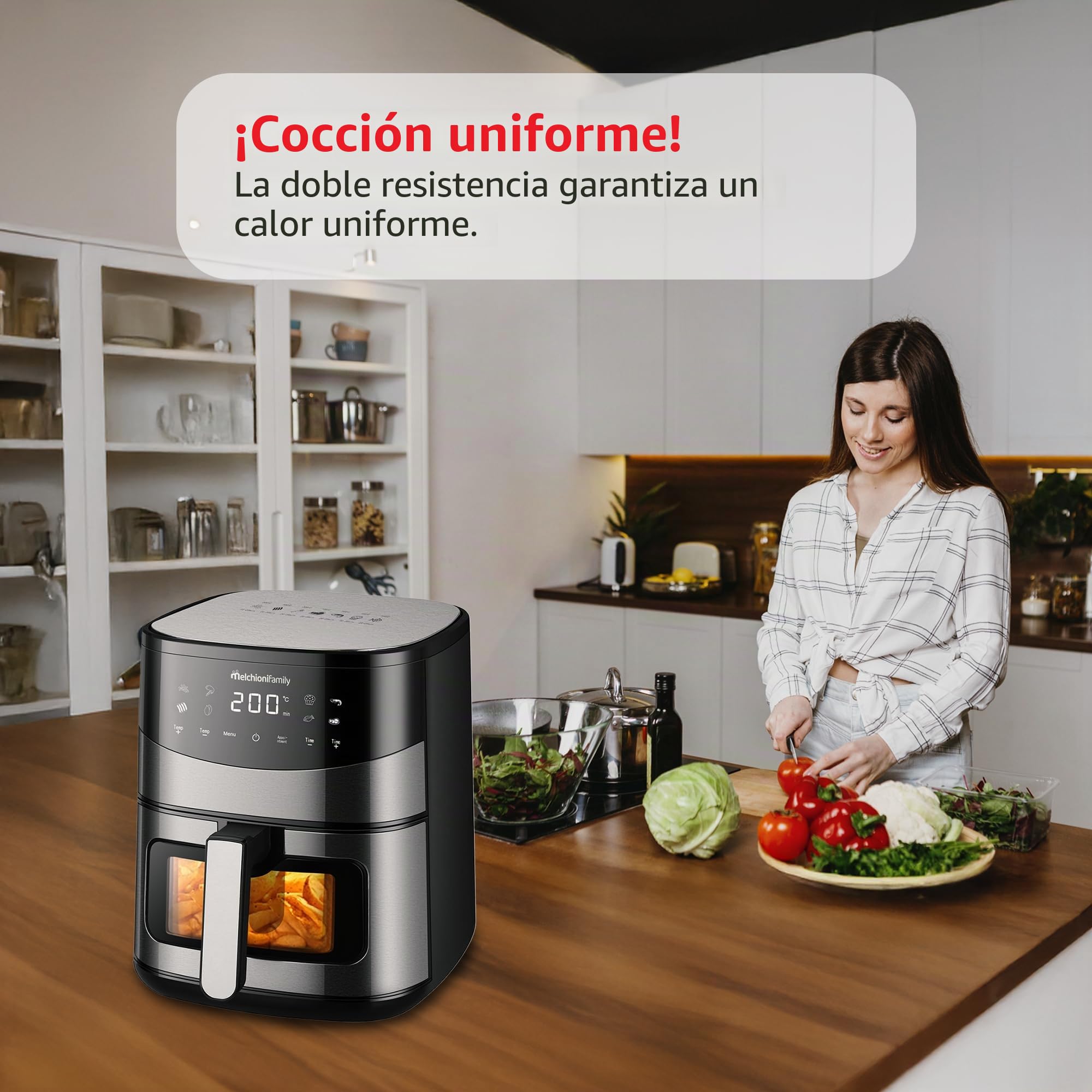 Melchioni Family | ARIANNA Freidora de Aire 6,5L con Doble Resistencia | Air Fryer con Pantalla LED, 8 Programas, Temporizador, Cesta con Ventana, 2000W
