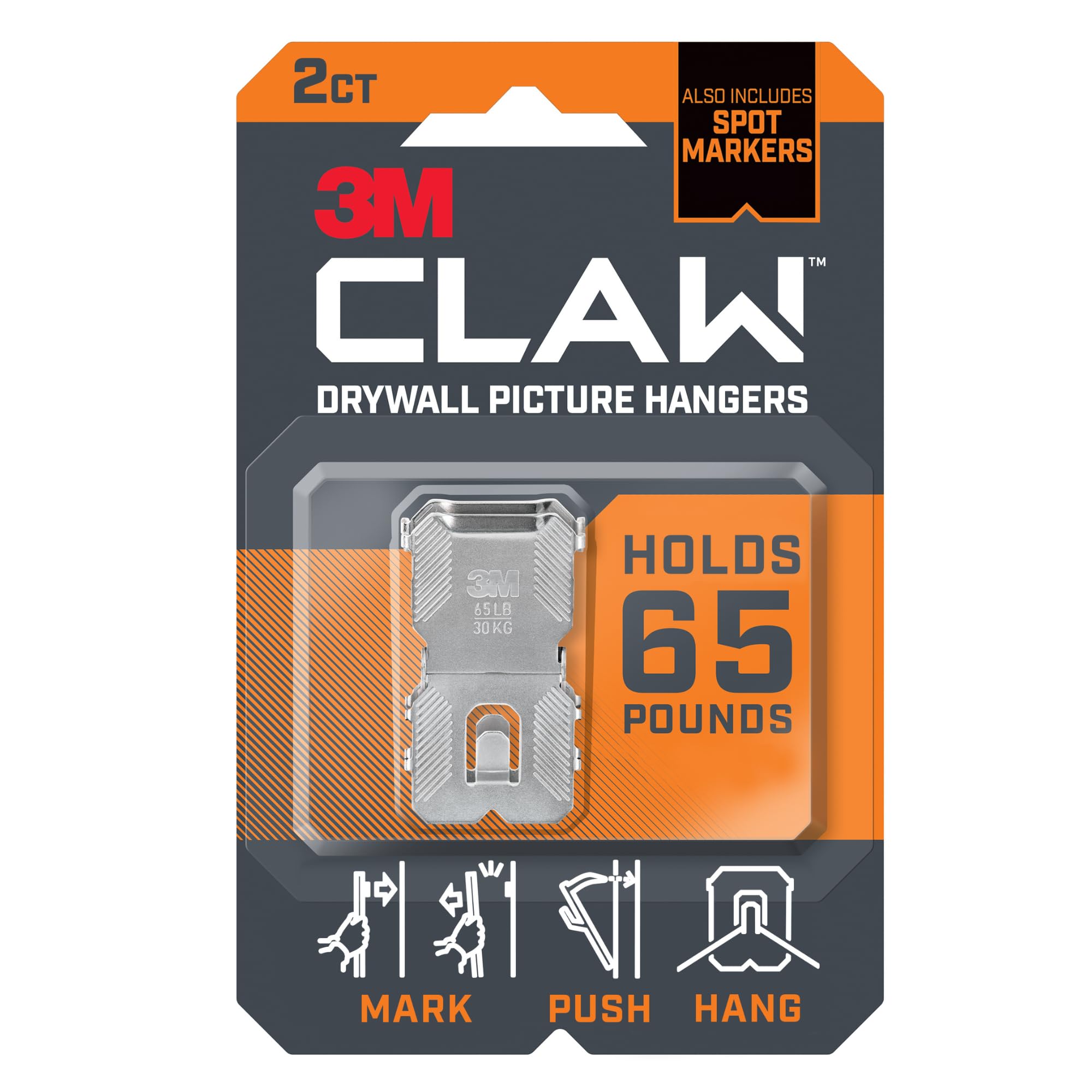 3M Claw Drywall Picture Hangers: 65 lb. with Temporary Spot Marker / 2-Pack (Silver)
