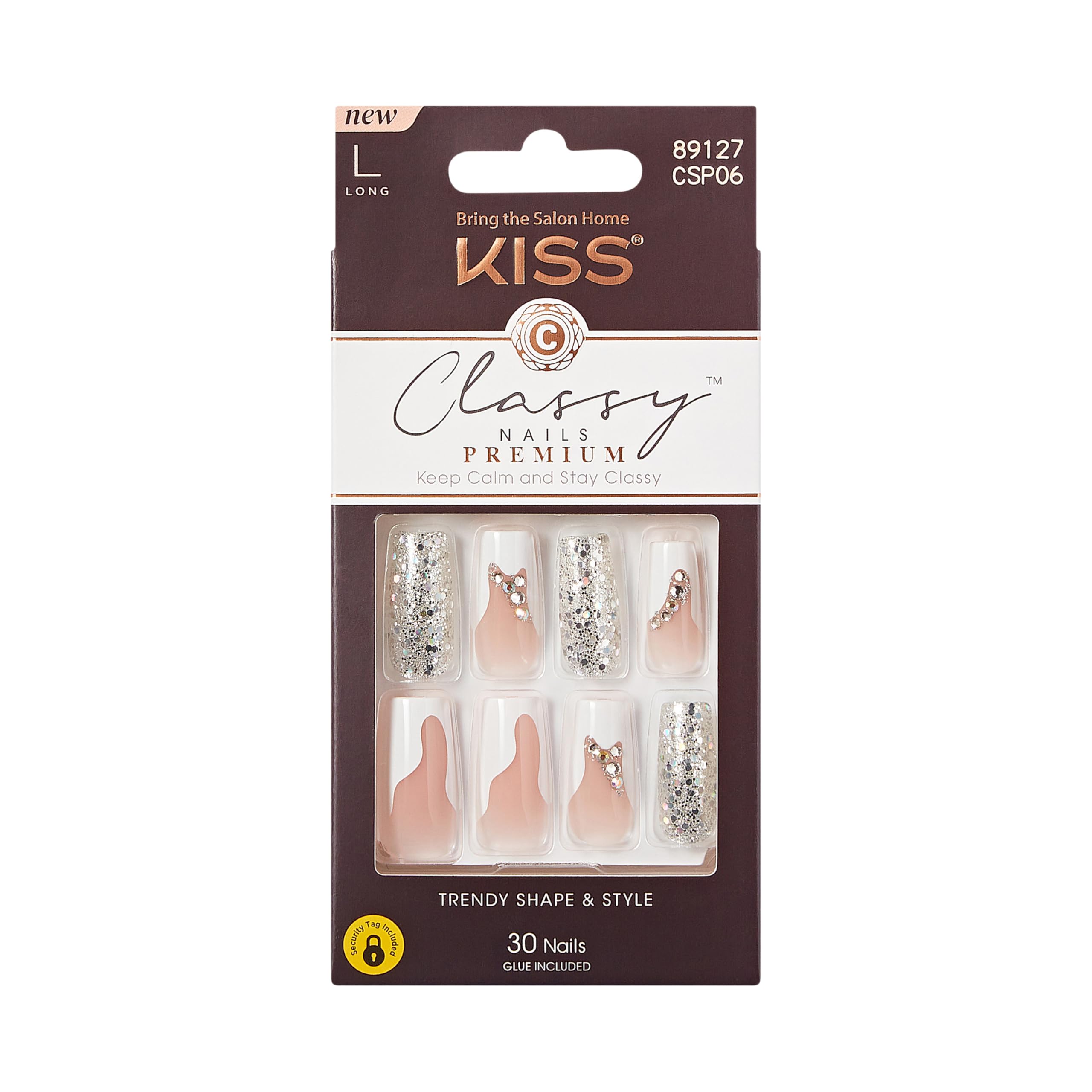 KISS Premium Classy Fake Nails - Stay Modish, Long & Square, Super Glam, Jewel Accents, Waterproof, Smudge Proof, No Dry Time, Durable, Takes Minutes, Quick & Easy | 30 Count