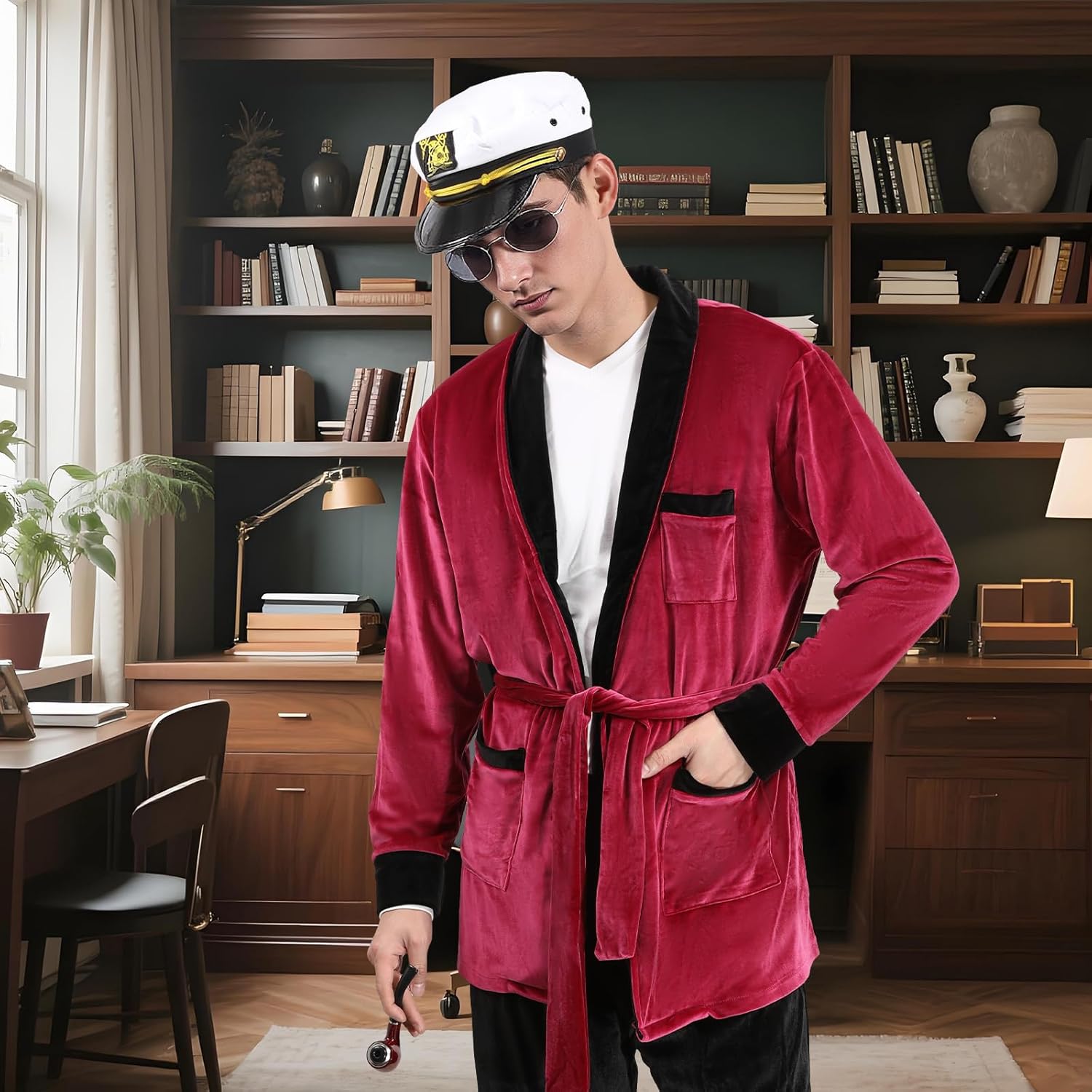 Adult Red Robe Jacket Captain Hat Fake Pipe Props Sets Halloween Costumes for Men Cosplay Costume Props - Image 5