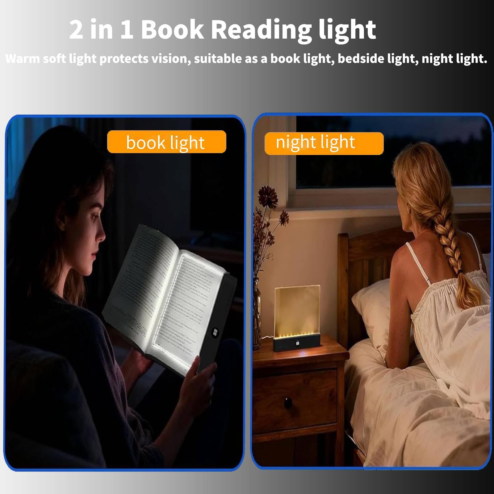 Buchlichter zum Lesen in der Nacht, wiederaufladbares LED-Leselicht mit 3 Farben und Timer, Augenschutz, dimmbar, Ganzseitenlampe, die den Schlaf Ihres Partners nicht stört