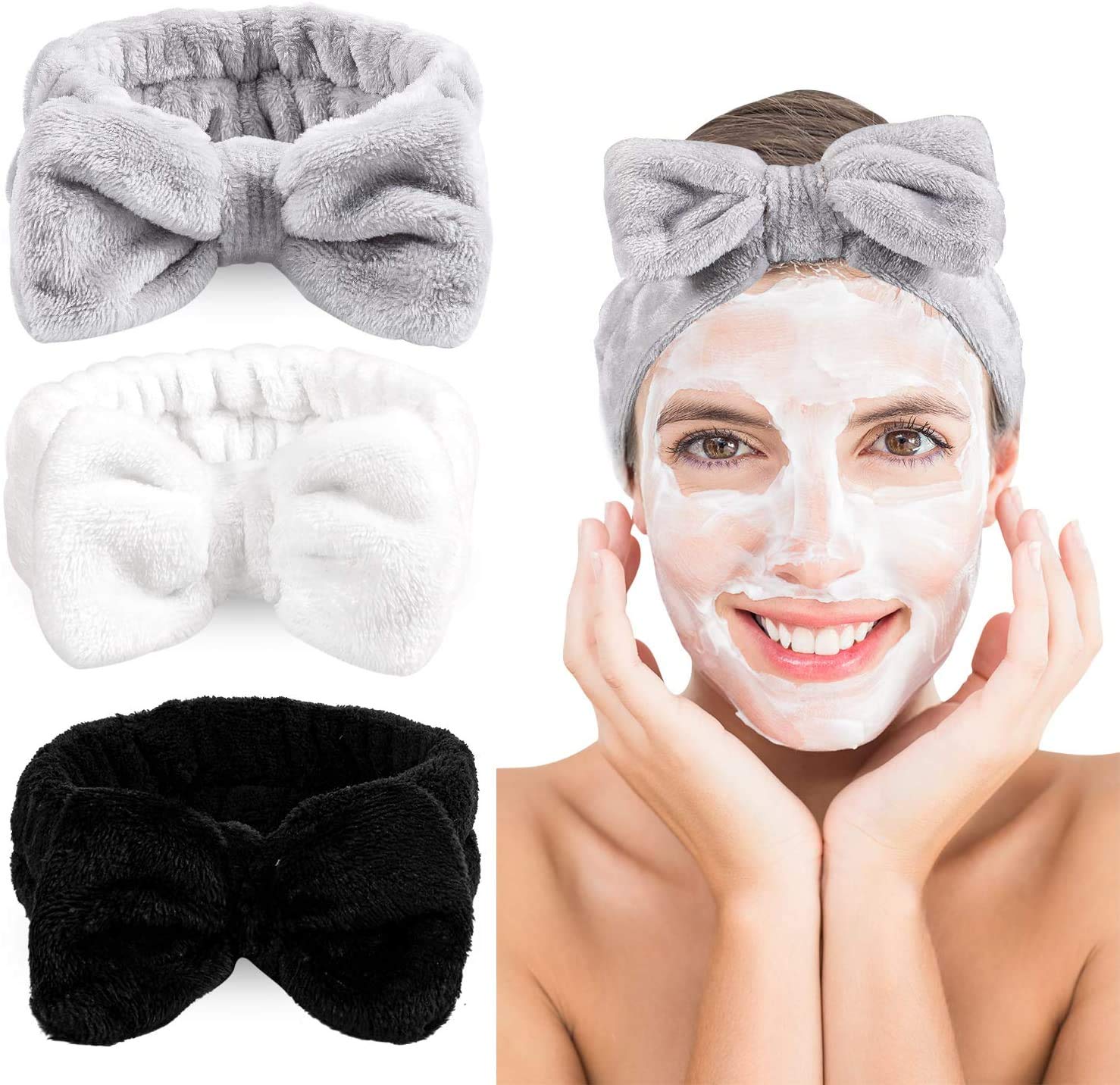 Queta3 Pack Bowtie Headbands Soft Makeup Headbands Microfiber Bow Cosmetic Shower Headbands Wash Spa Yoga Sports Bow Hair Band for Girls and Women(White,Gray,Black)