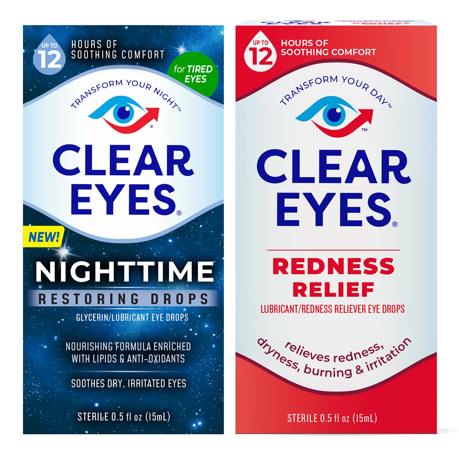Bundle of Clear Eyes Nighttime Restoring Eyes Drops, Nighttime Relief Dry Eye Drops, 0.5 Fl Oz + Clear Eyes Redness Relief Lubricant Redness Relief Eye Drops, 0.5 oz