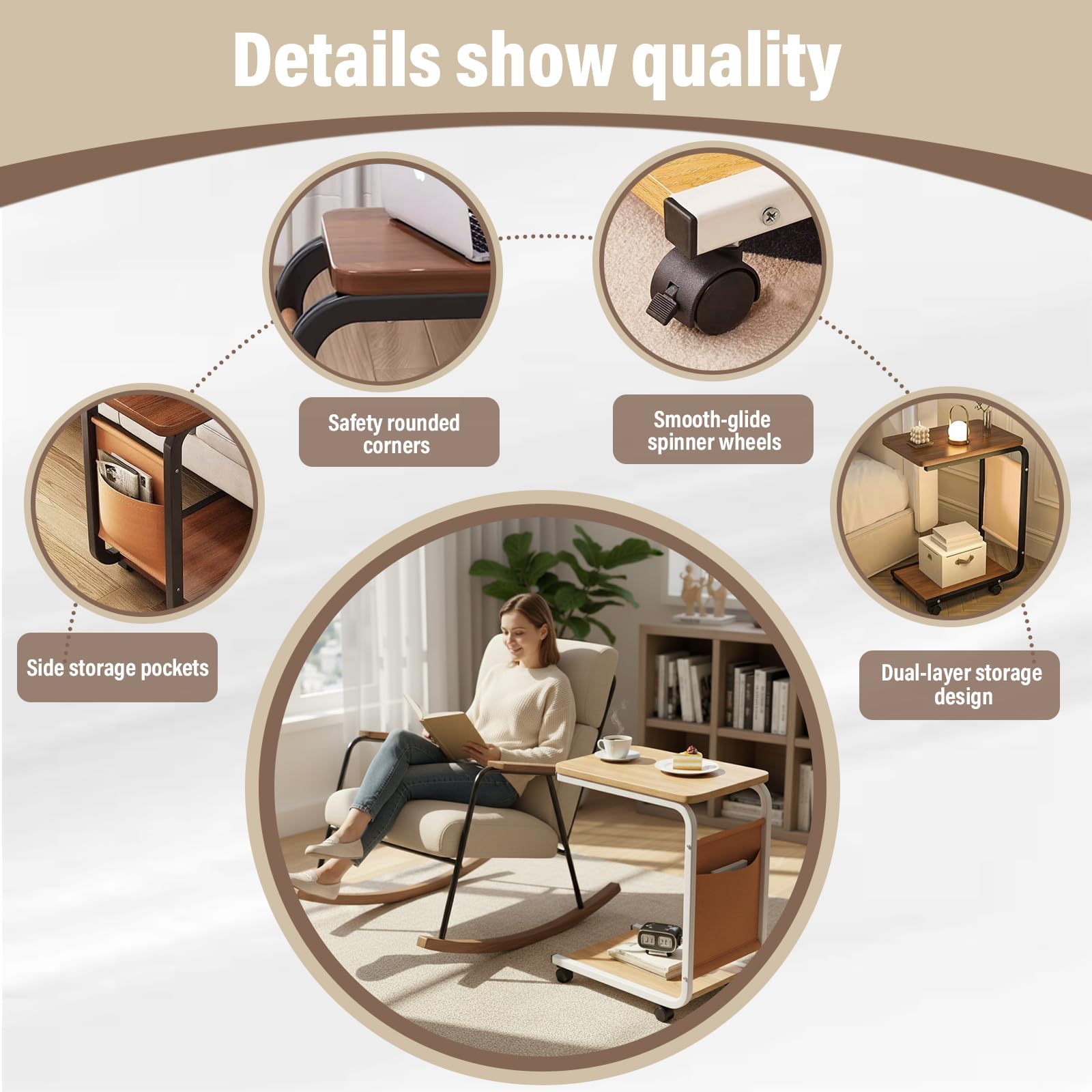 C S - Mesa auxiliar con ruedas, mesa de centro de madera con estantes dobles, mesa de sofá estable para sala de estar, colores: negro nogal blanco, diseño moderno natural