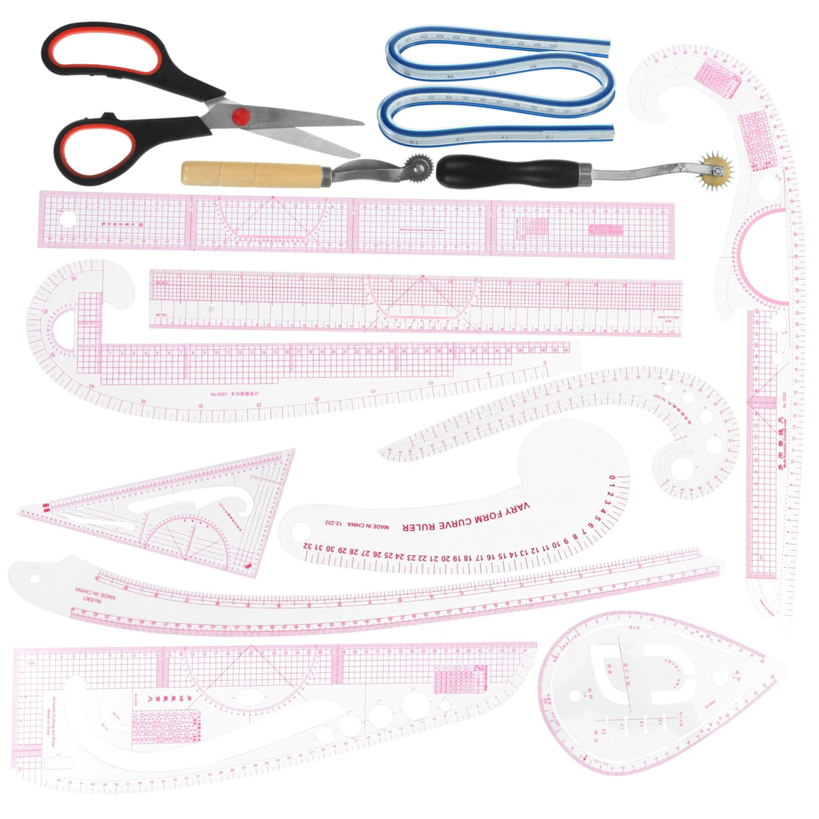 NOLITOY Nählineal und Verbesserten Arbeitseffizienz Tool 14 Stück aus Pvc und Edelstahl mit Flexiblem Kurvenlineal zur Schnittmustererstellung für Anfänger und Designer