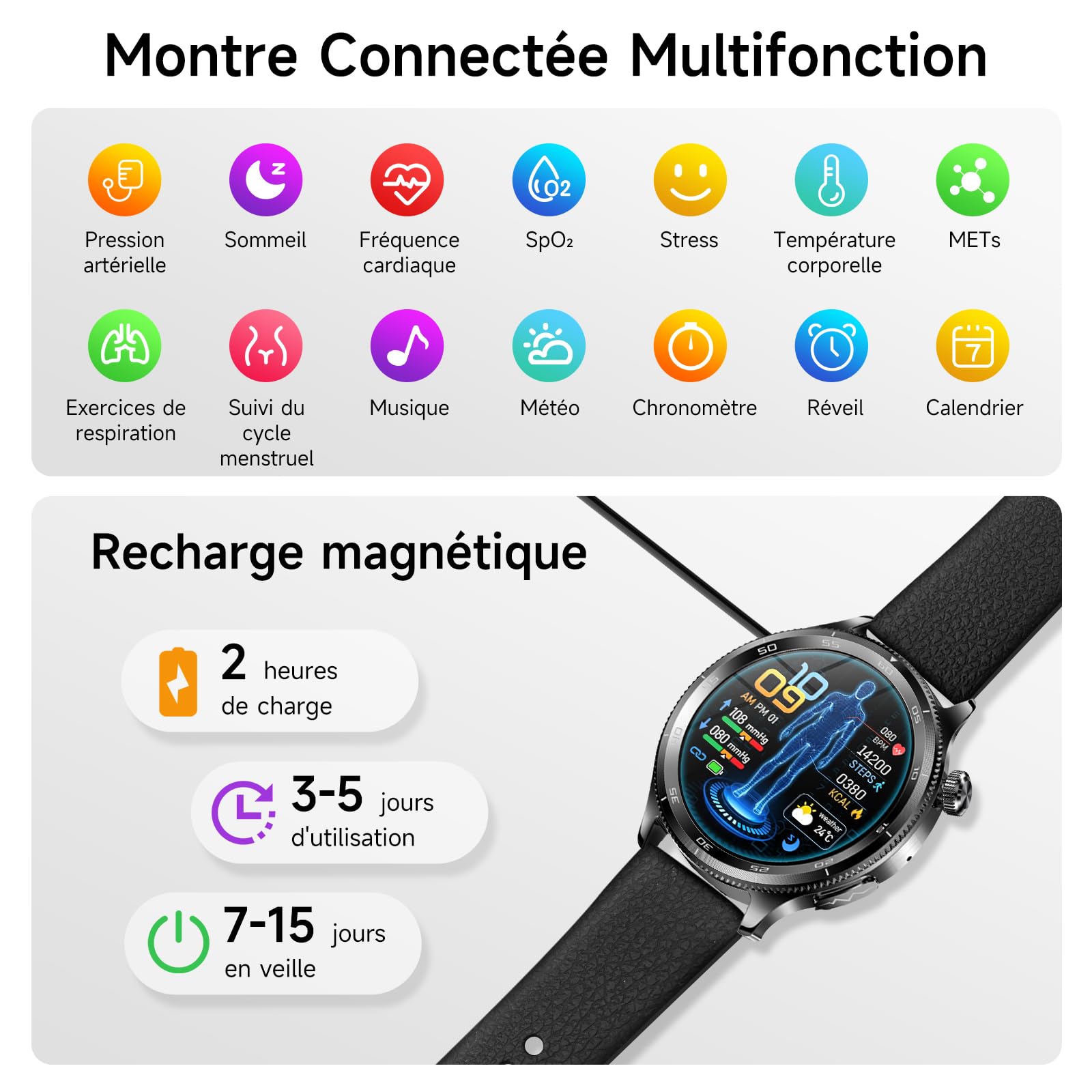 Montre Connectée Homme ECG/Pressιon artérιelle, Silicone Noir (Cadre Noir)