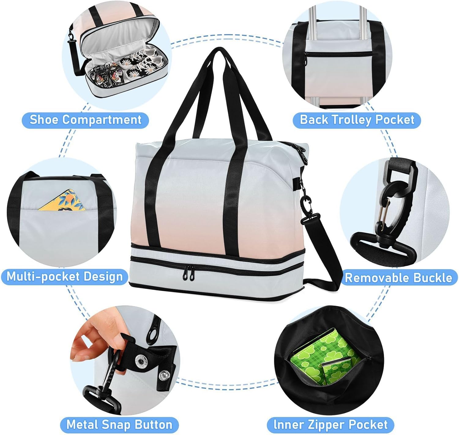 Gray-pink Gradient Sports Tote Gym Bag Gym Bag with Toiletry Bag for Trekking Multifunctional