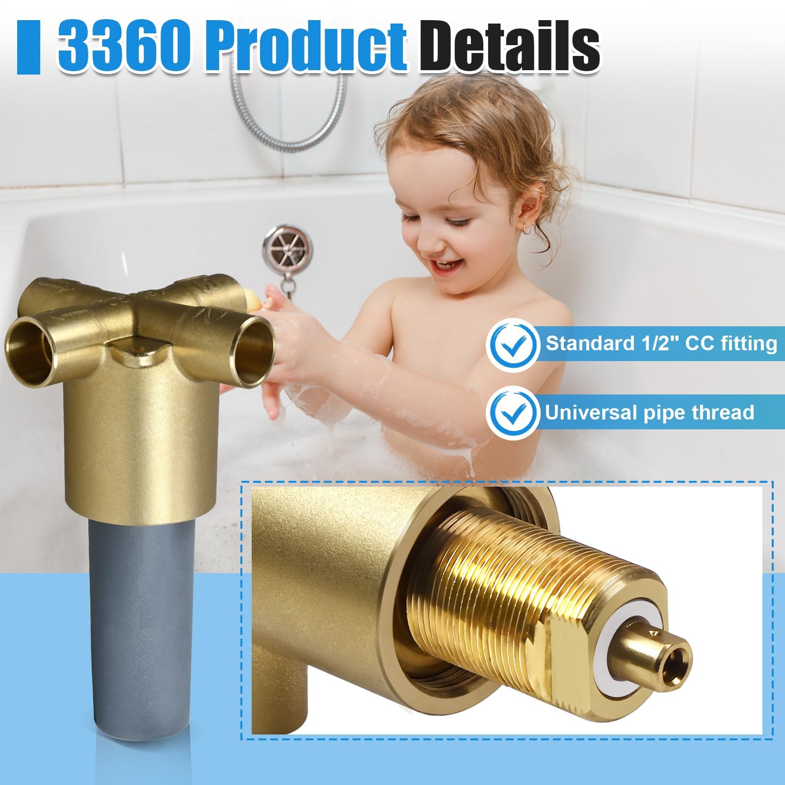 Válvula de cambio de ducha 3 funciones latón 1/2 pulgadas para bañera | Cabezal de ducha de mano y bañera, latón macizo, fácil intercambio, compatible con 3360