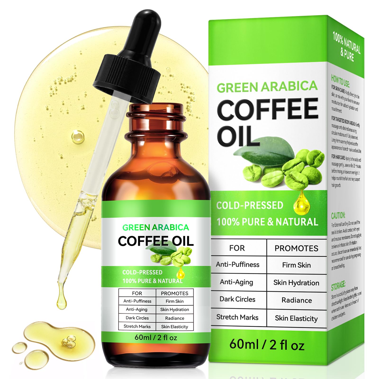 Kaffeeöl Gegen Falten - 100% Rein und Natürlich Grünes Arabica-Kaffeeöl für Gesicht Körper Haare | Kaffeeöl Gesicht Anti-Puffiness & Firm Skin | Kaffeeöl Hautpflege Kaltgepresst & Vegan - 60ml