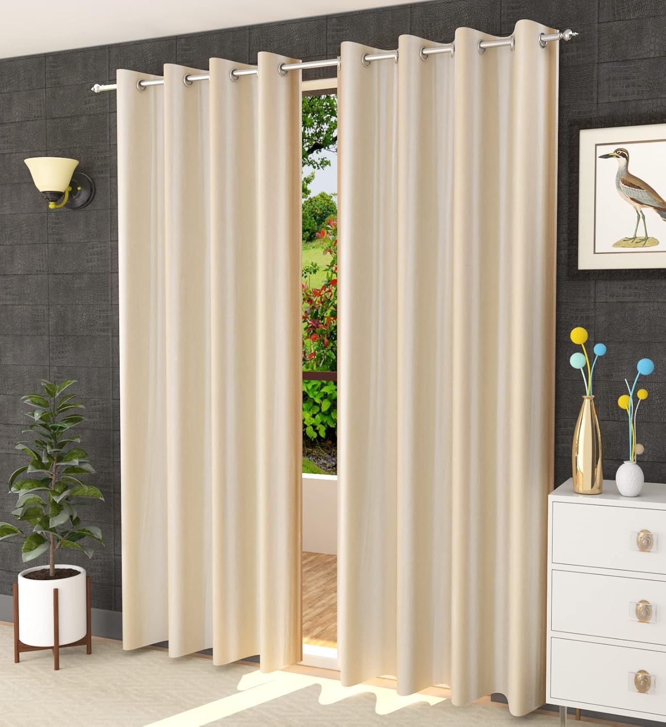 Polyester Solid Plain Curtains for Window, Bedroom, Living Room, 5 feet Long, Cream, Set of 2