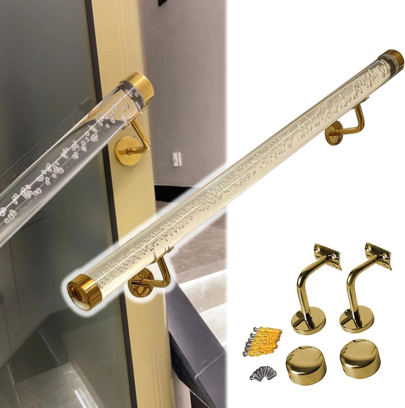 Clear Acrylic Hand Rail with Bubbles 3 4 5 6 10 12 13 14 20 Ft, Round Rod Handrail with Metal Brackets for Indoor Stair/Outdoor Step, Wall Mounted Hand Rails Grab Bar Railing(Gold bracket,3m/10ft)