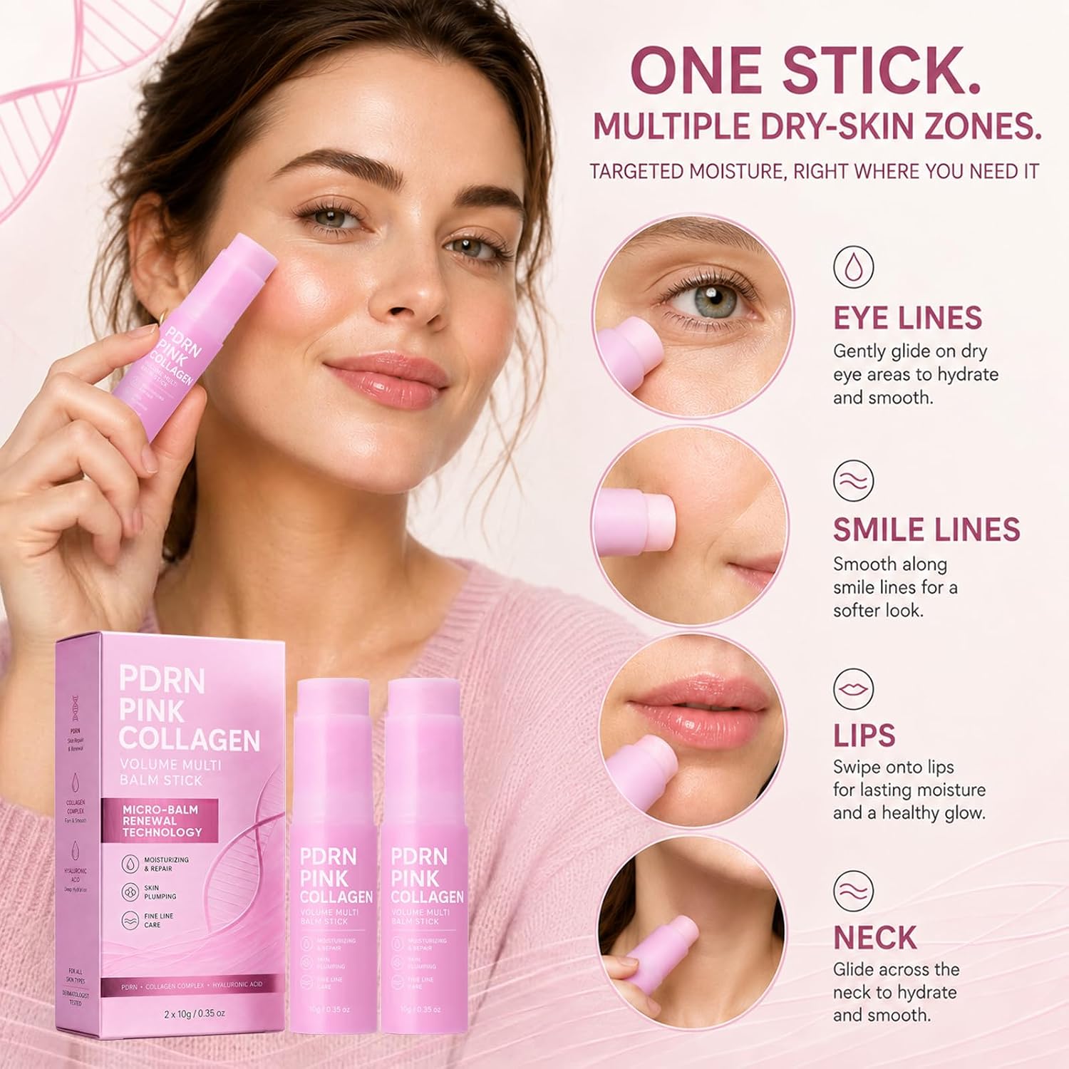 PDRN Pink Collagen Volume Multi Balm Stick 2 Pack, for Face & Neck