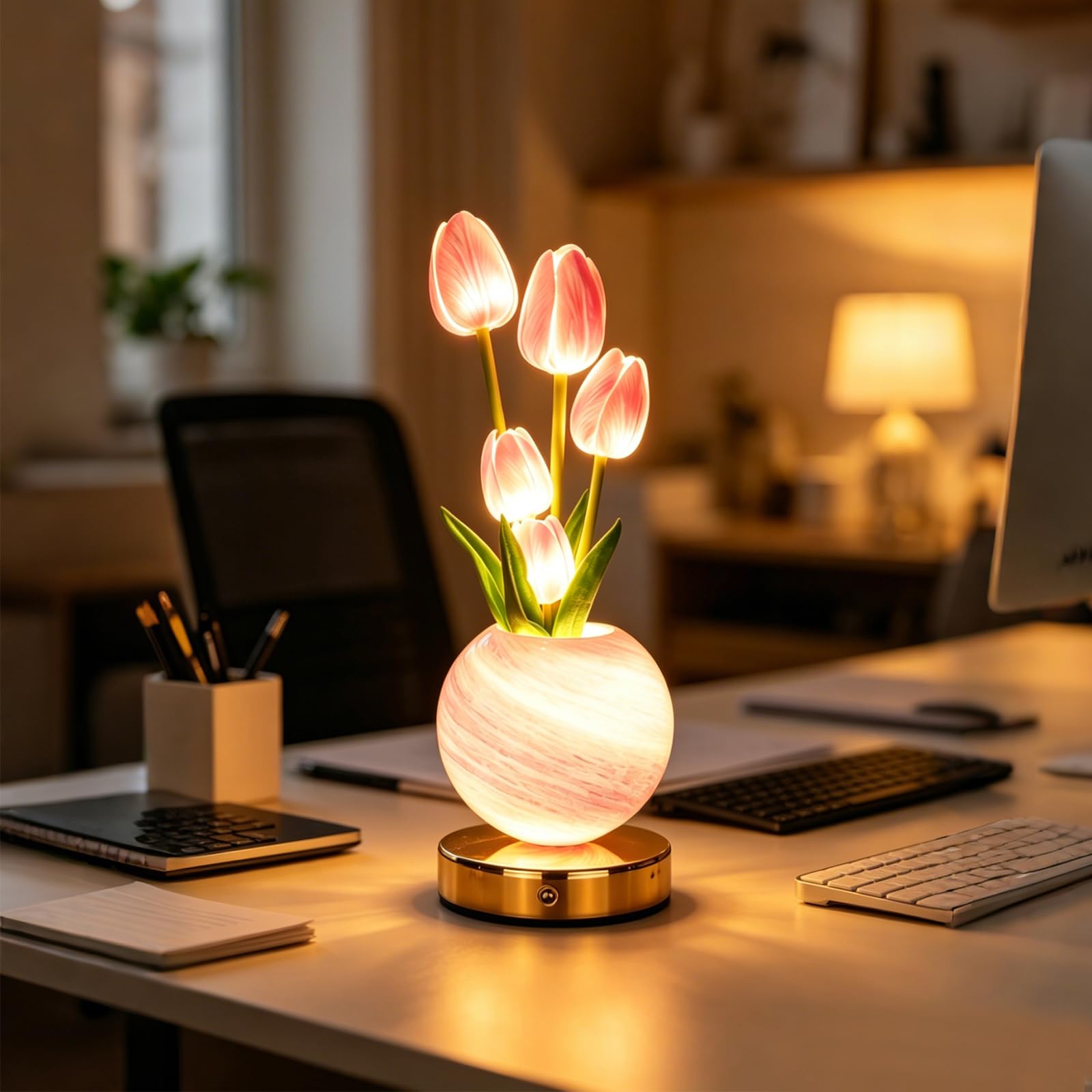 Lampada da Comodino con Ricarica USB, Luce Notturna Tulipano Rosa con 3 Modalità di Colore e Intensità Regolabile, Lampada da Comodino Senza Fili Touch per Camera Regalo di Compleanno per